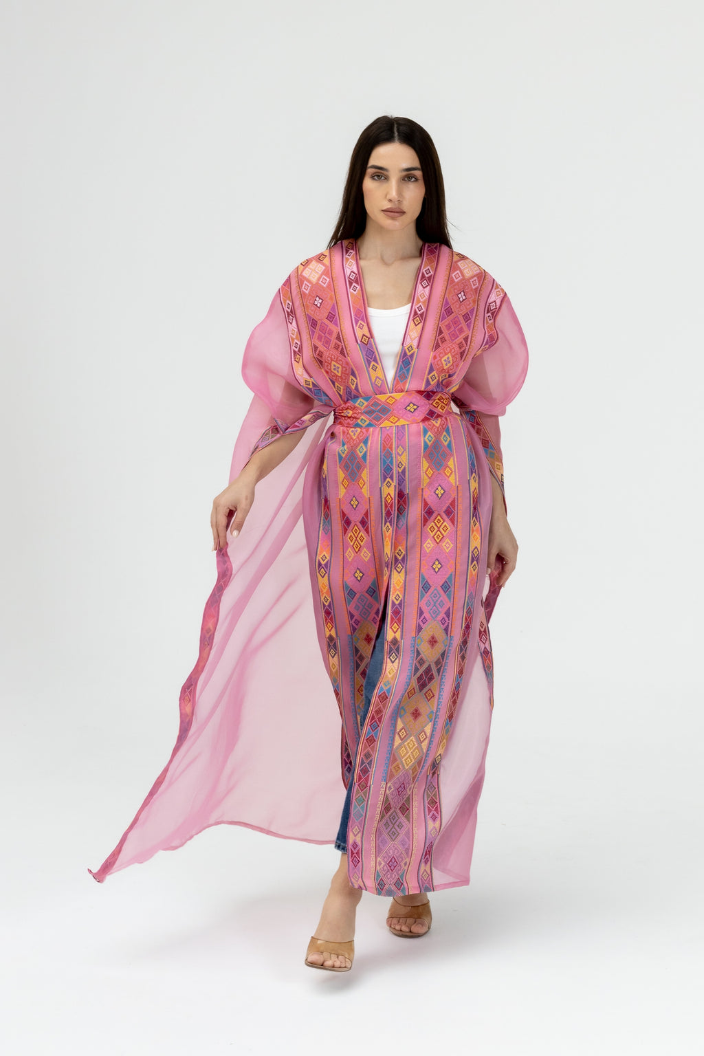 Pink Embroidered Open Abaya