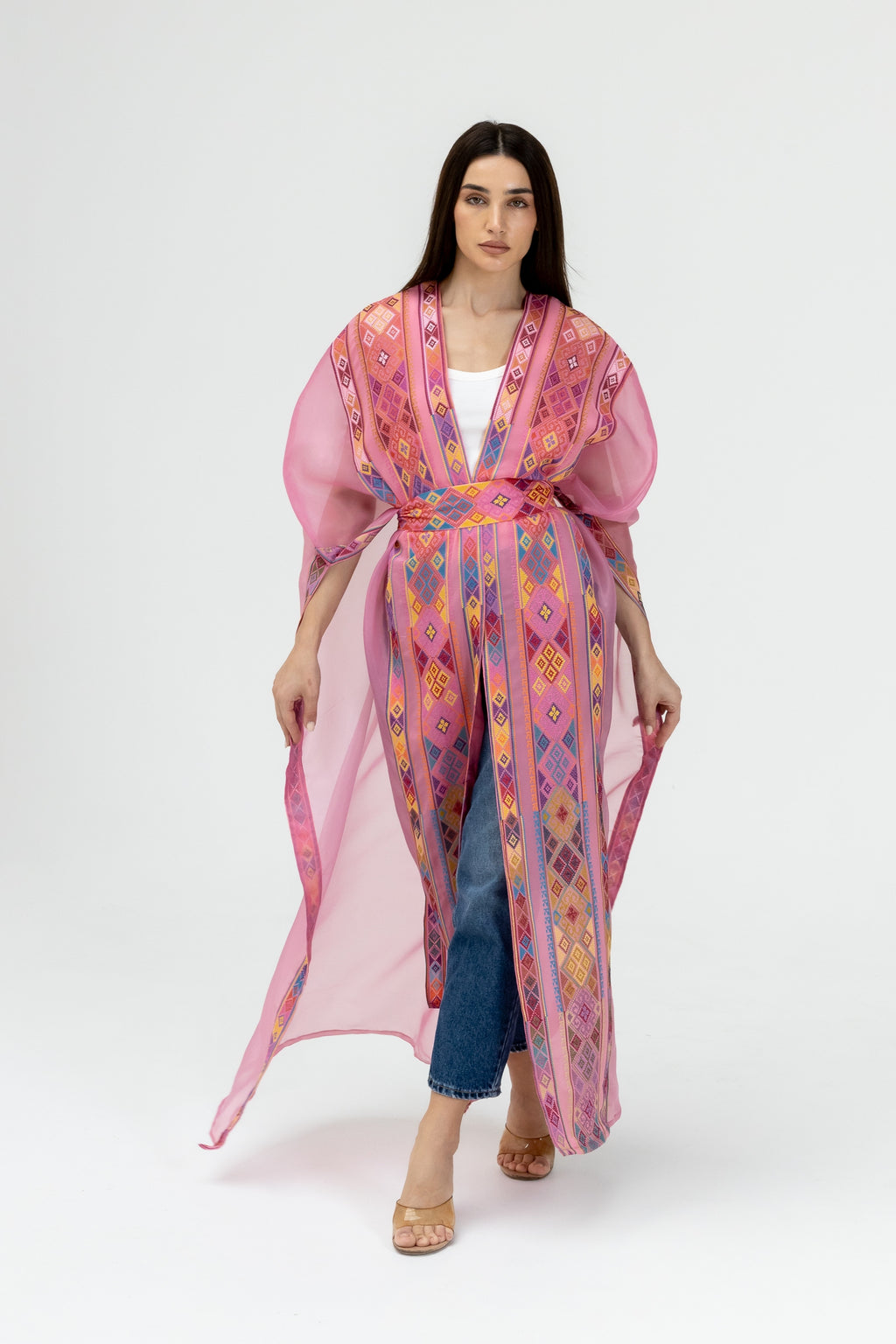 Pink Embroidered Open Abaya