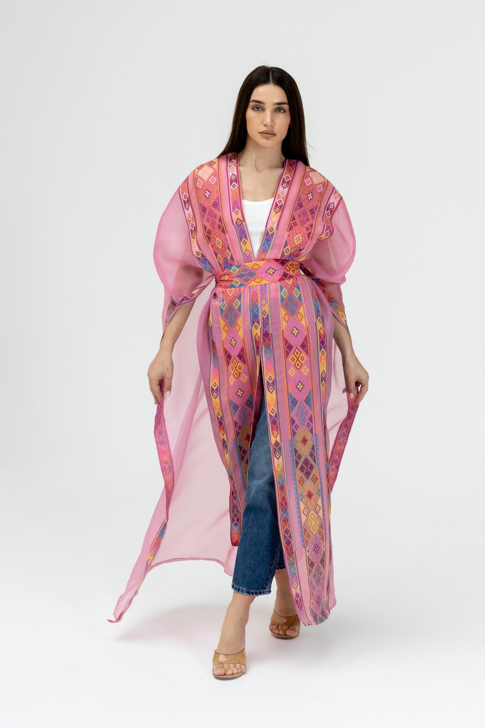 Pink Embroidered Open Abaya