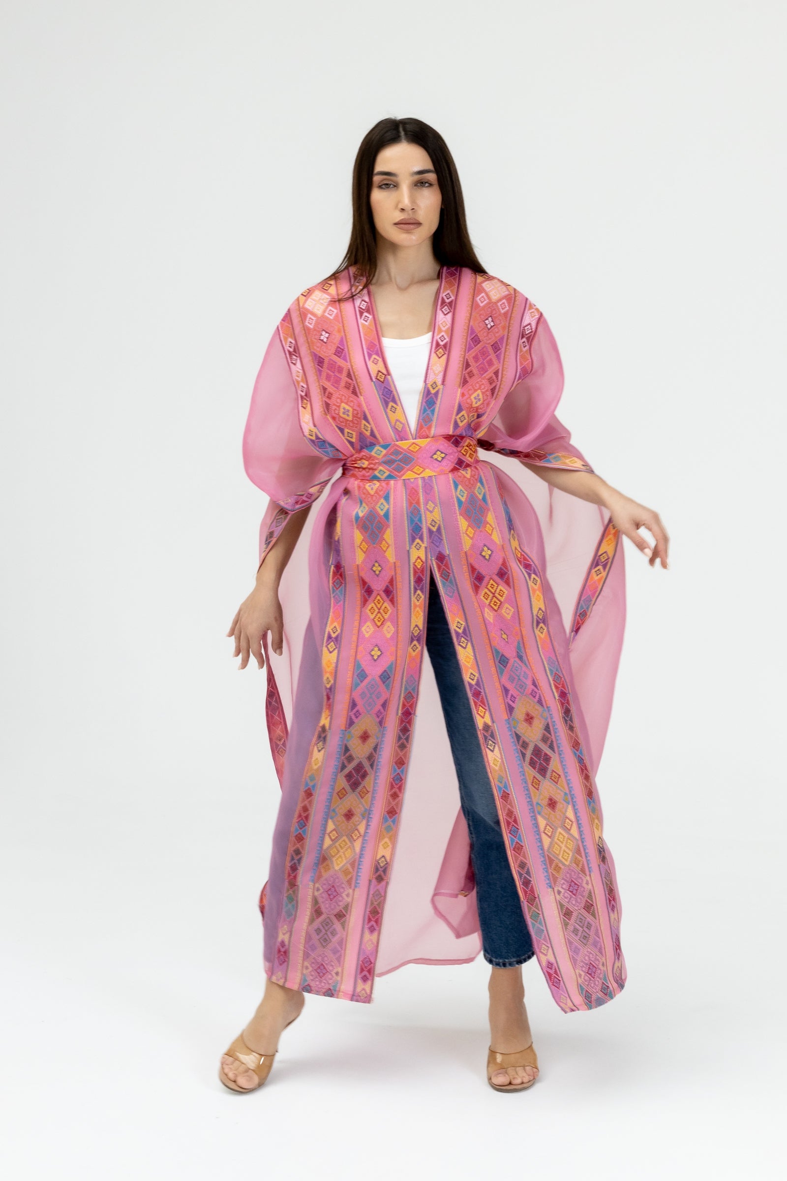 Pink Embroidered Open Abaya