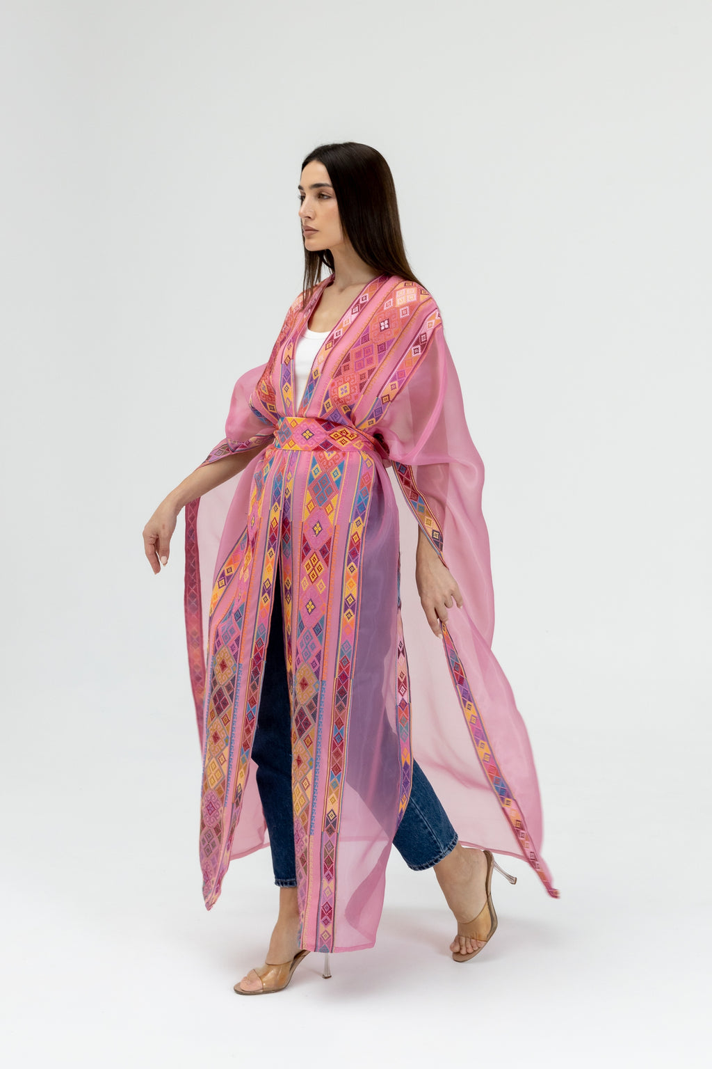 Pink Embroidered Open Abaya
