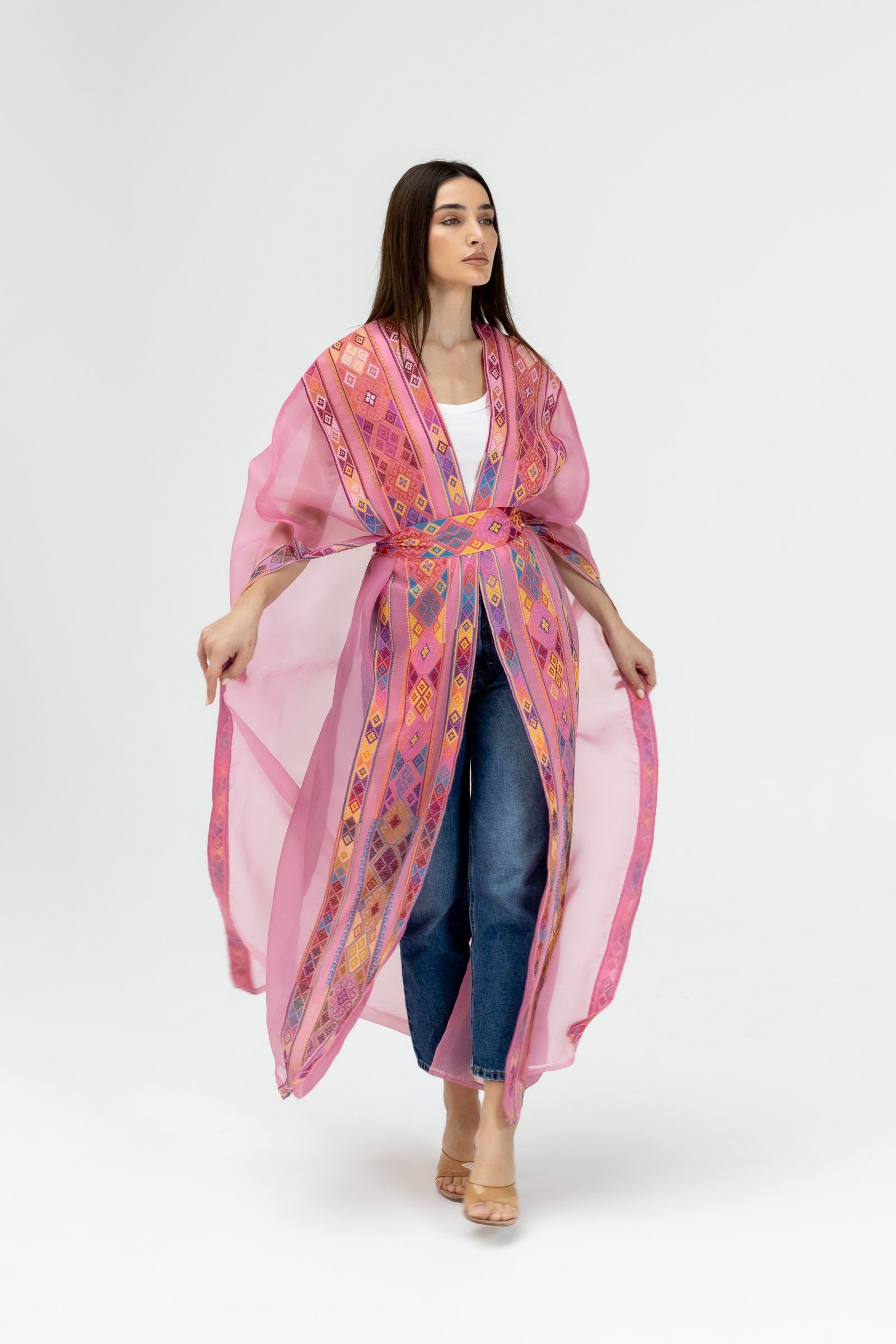 Pink Embroidered Open Abaya