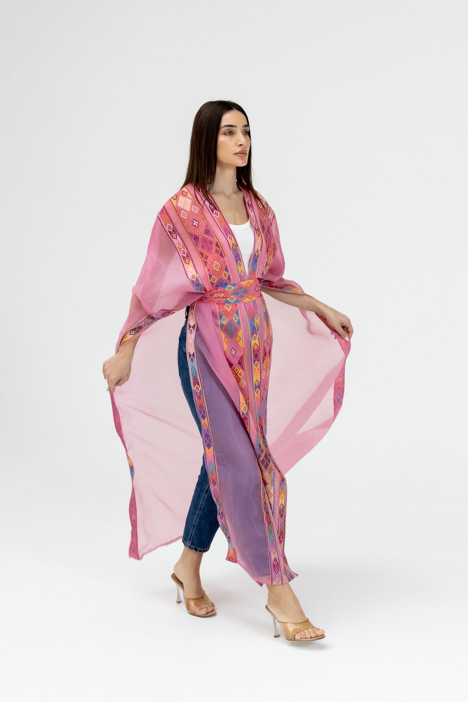 Pink Embroidered Open Abaya