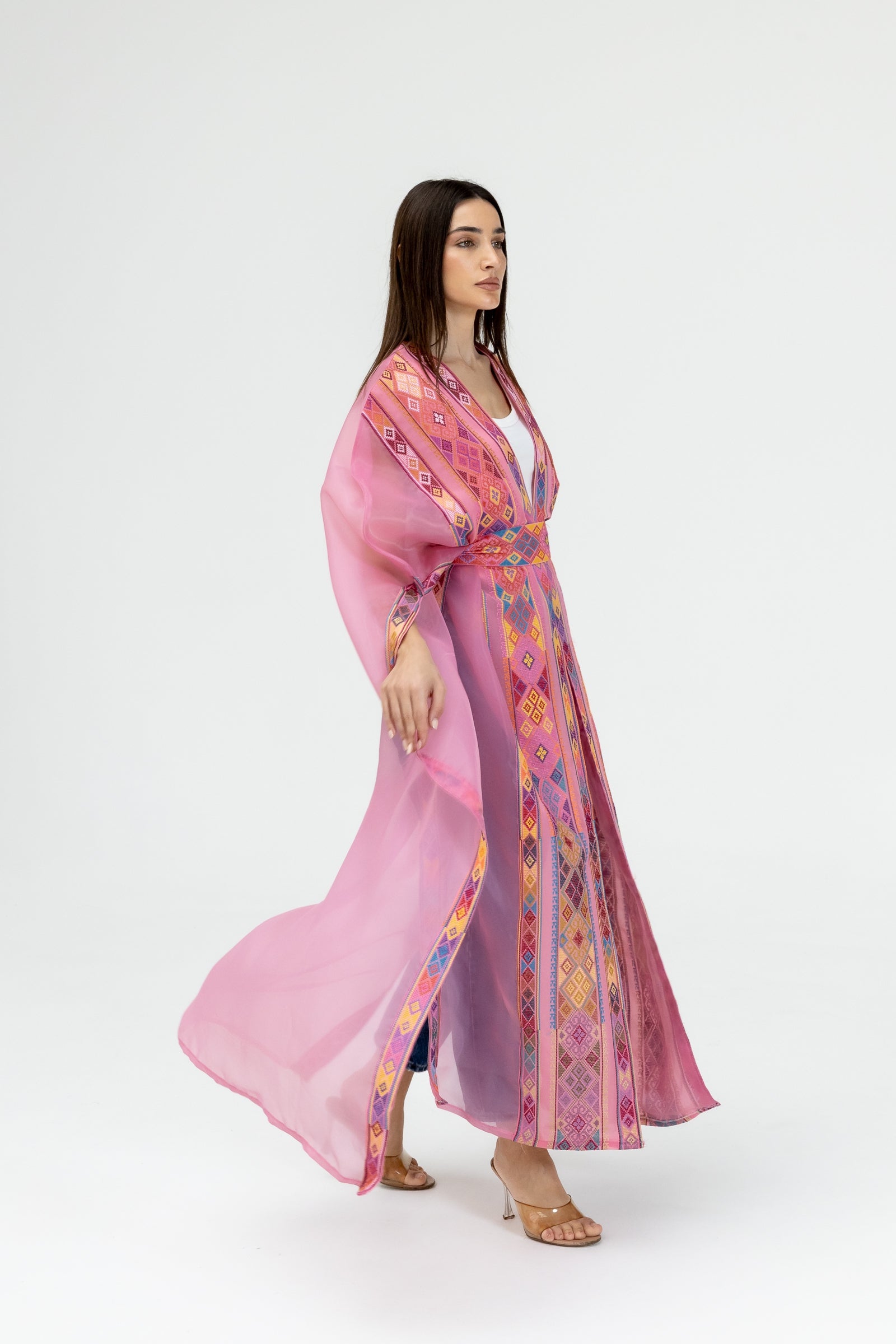 Pink Embroidered Open Abaya