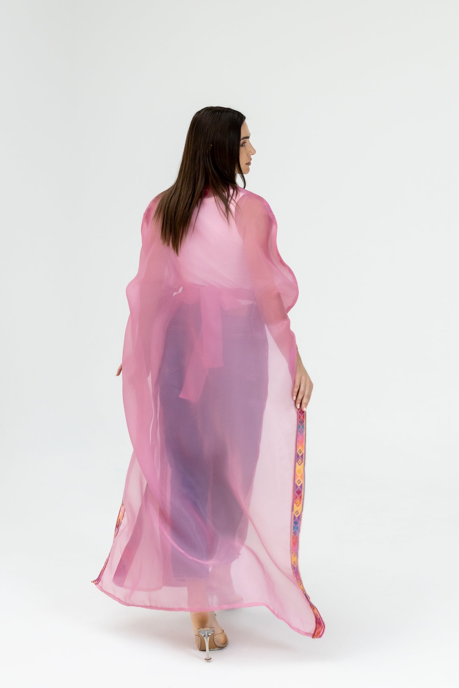 Pink Embroidered Open Abaya