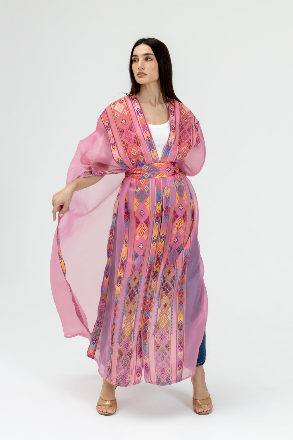 Pink Embroidered Open Abaya