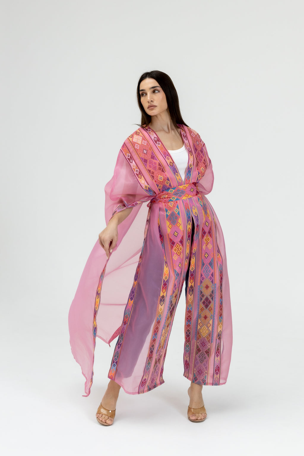 Pink Embroidered Open Abaya