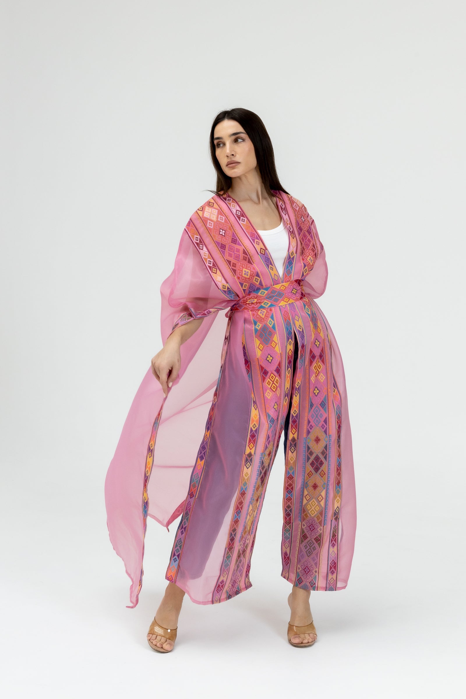 Pink Embroidered Open Abaya