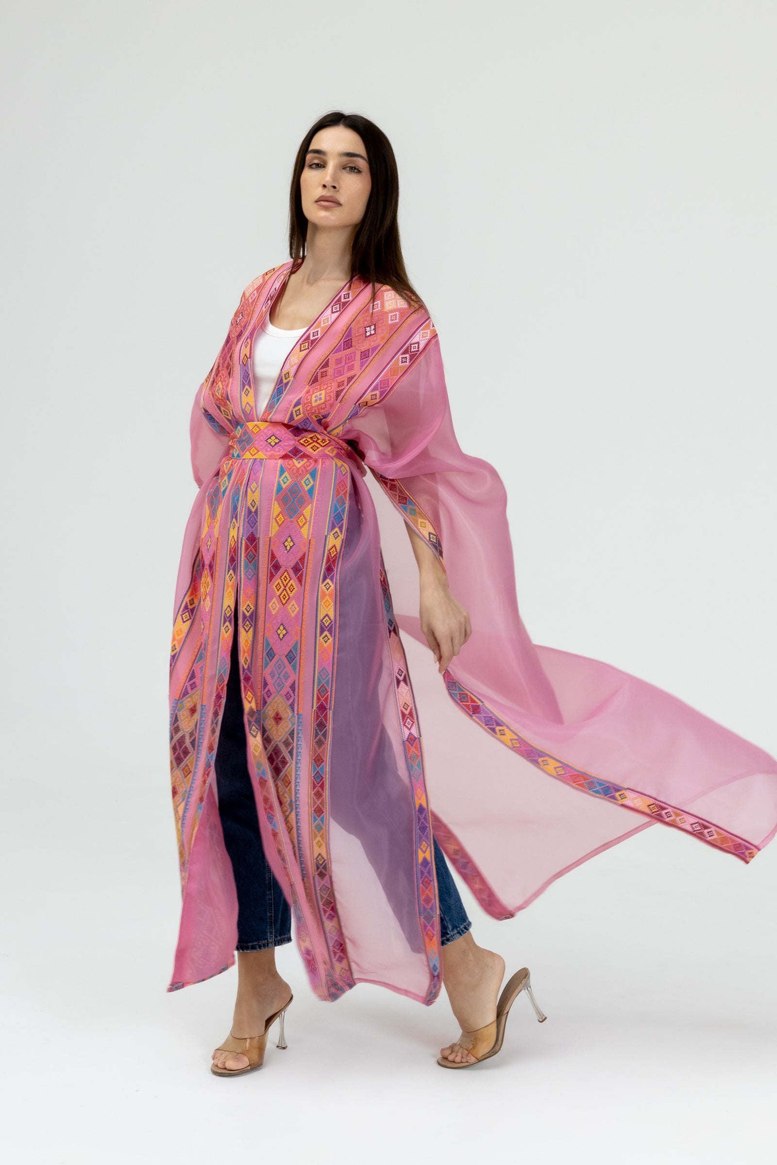 Pink Embroidered Open Abaya