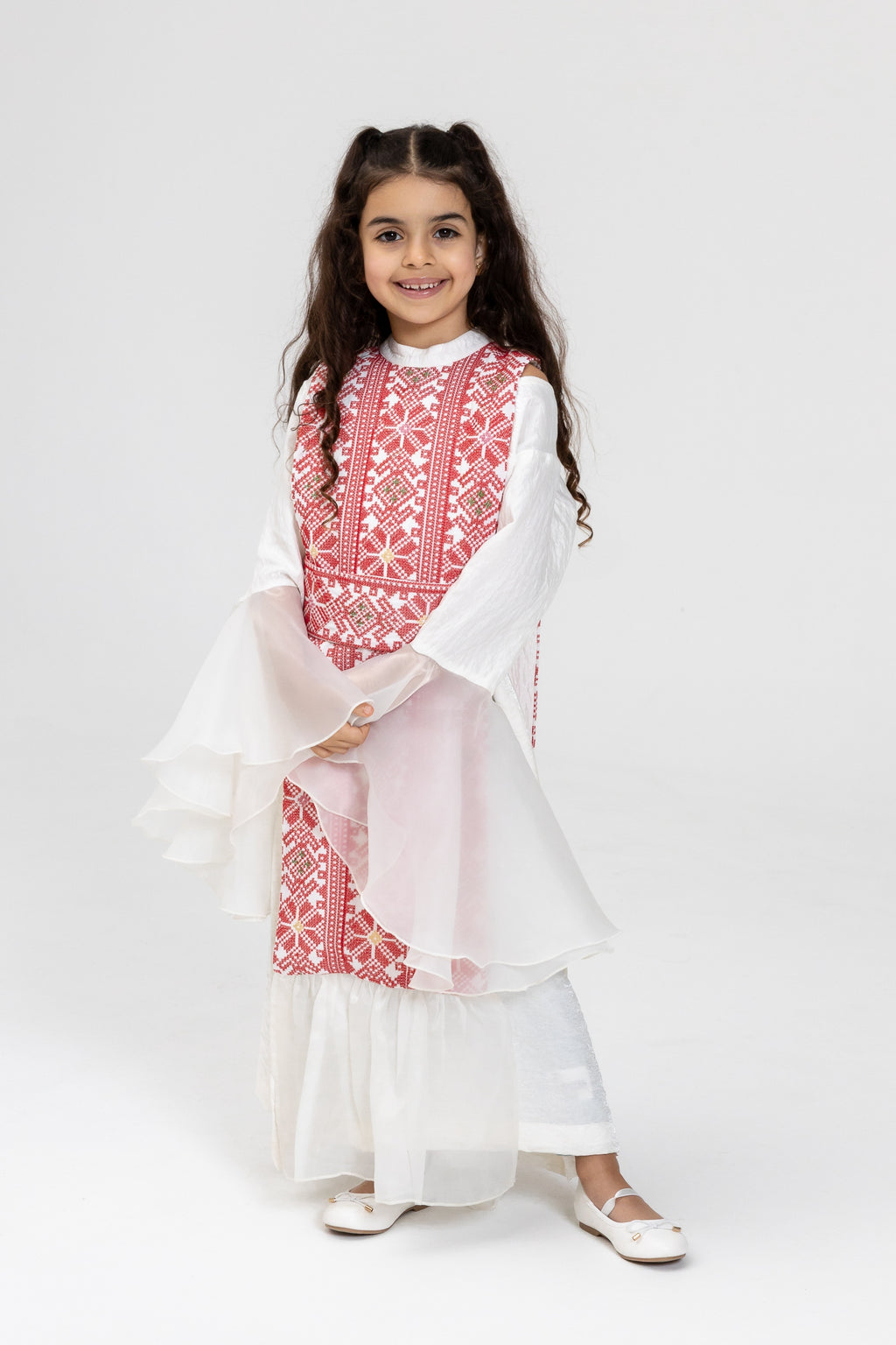 Kids White Dress with Embroidered Overlay