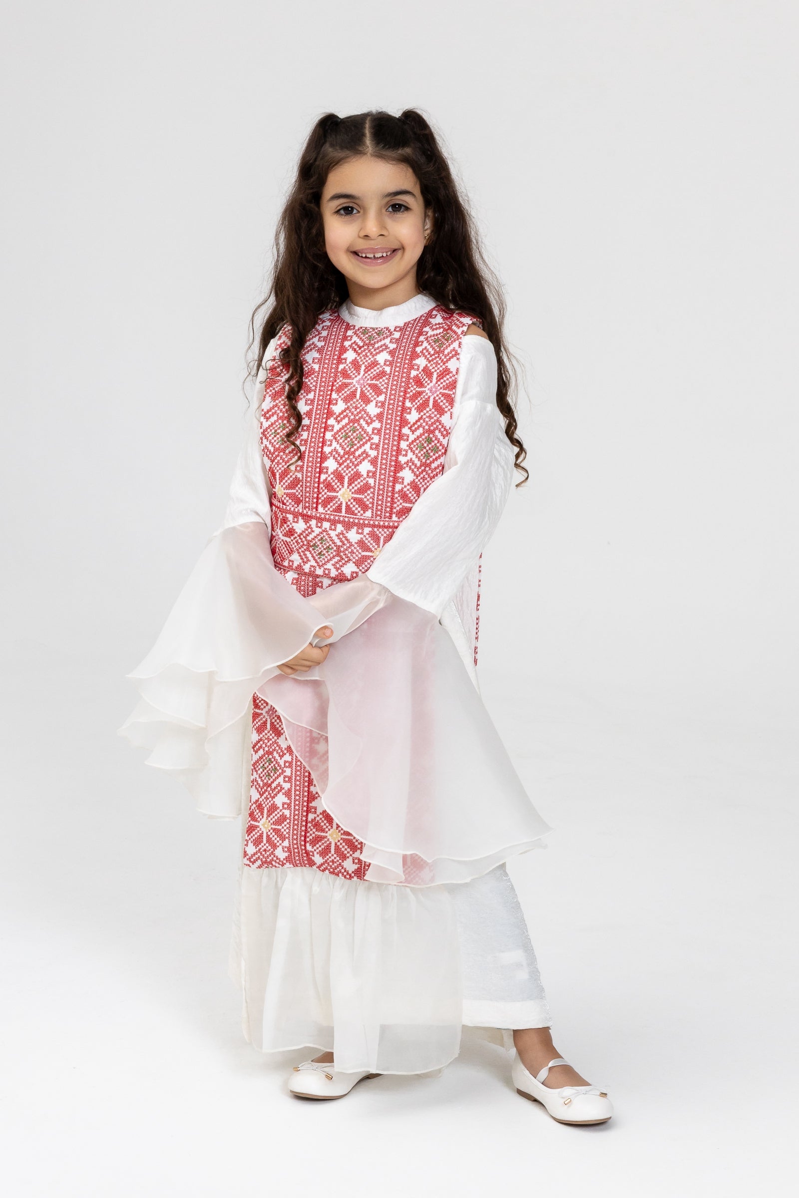 Kids White Dress with Embroidered Overlay