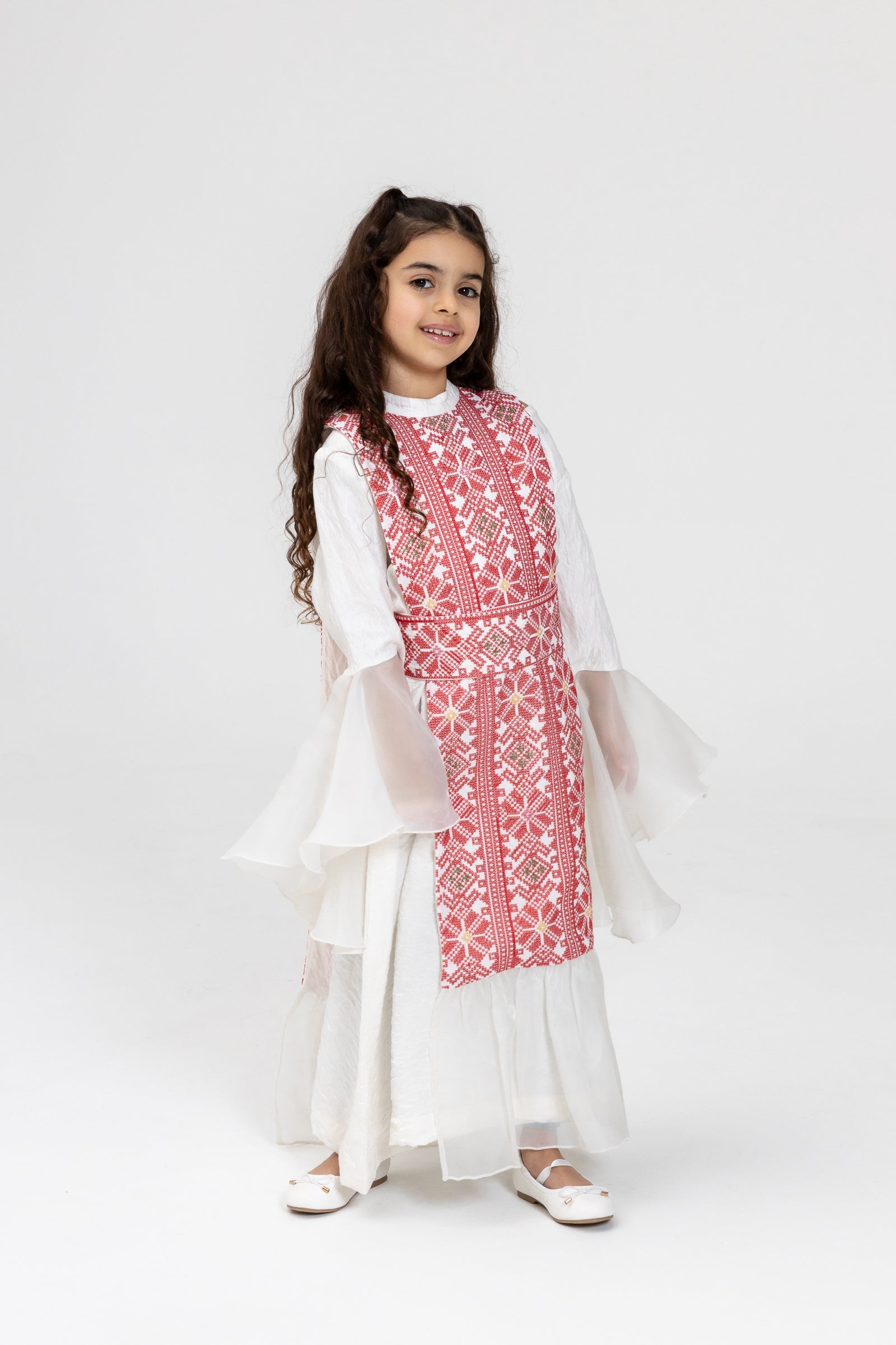 Kids White Dress with Embroidered Overlay