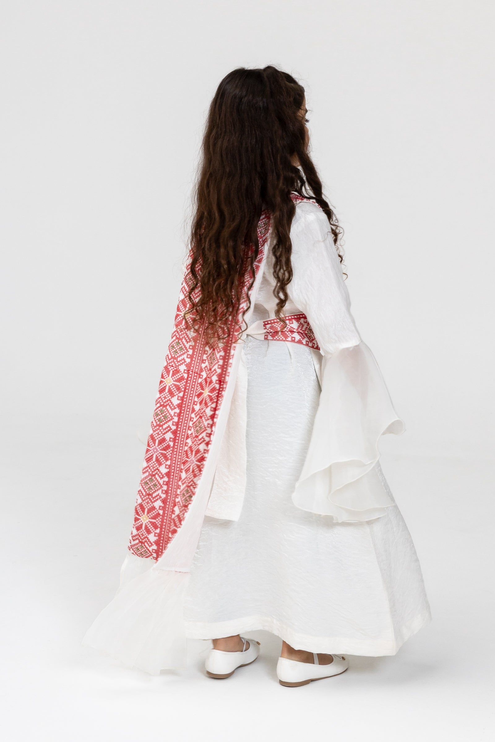 Kids White Dress with Embroidered Overlay