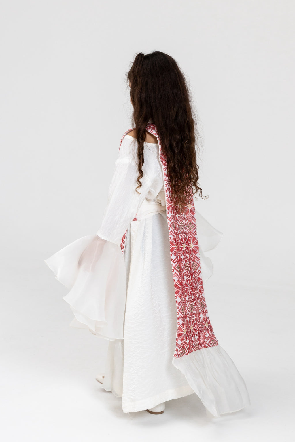 Kids White Dress with Embroidered Overlay