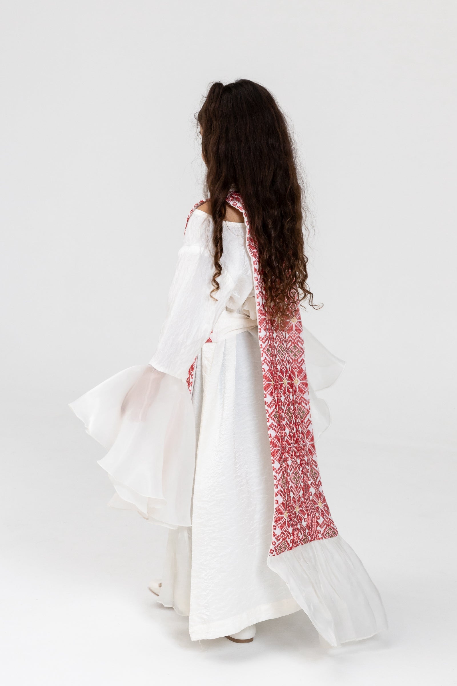 Kids White Dress with Embroidered Overlay