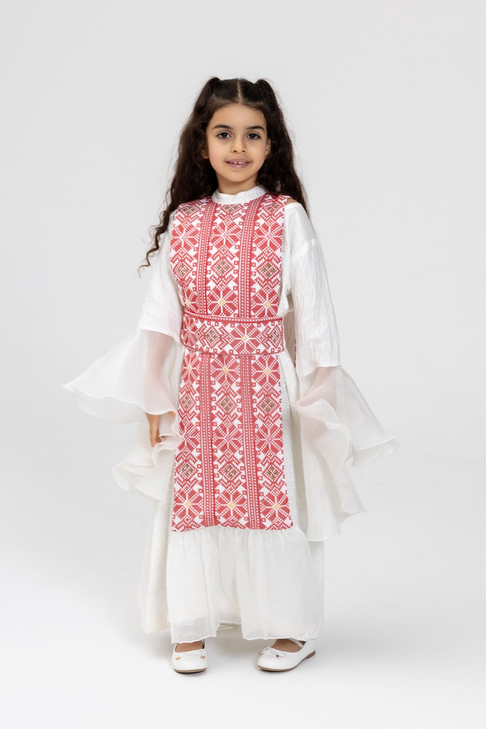 Kids White Dress with Embroidered Overlay