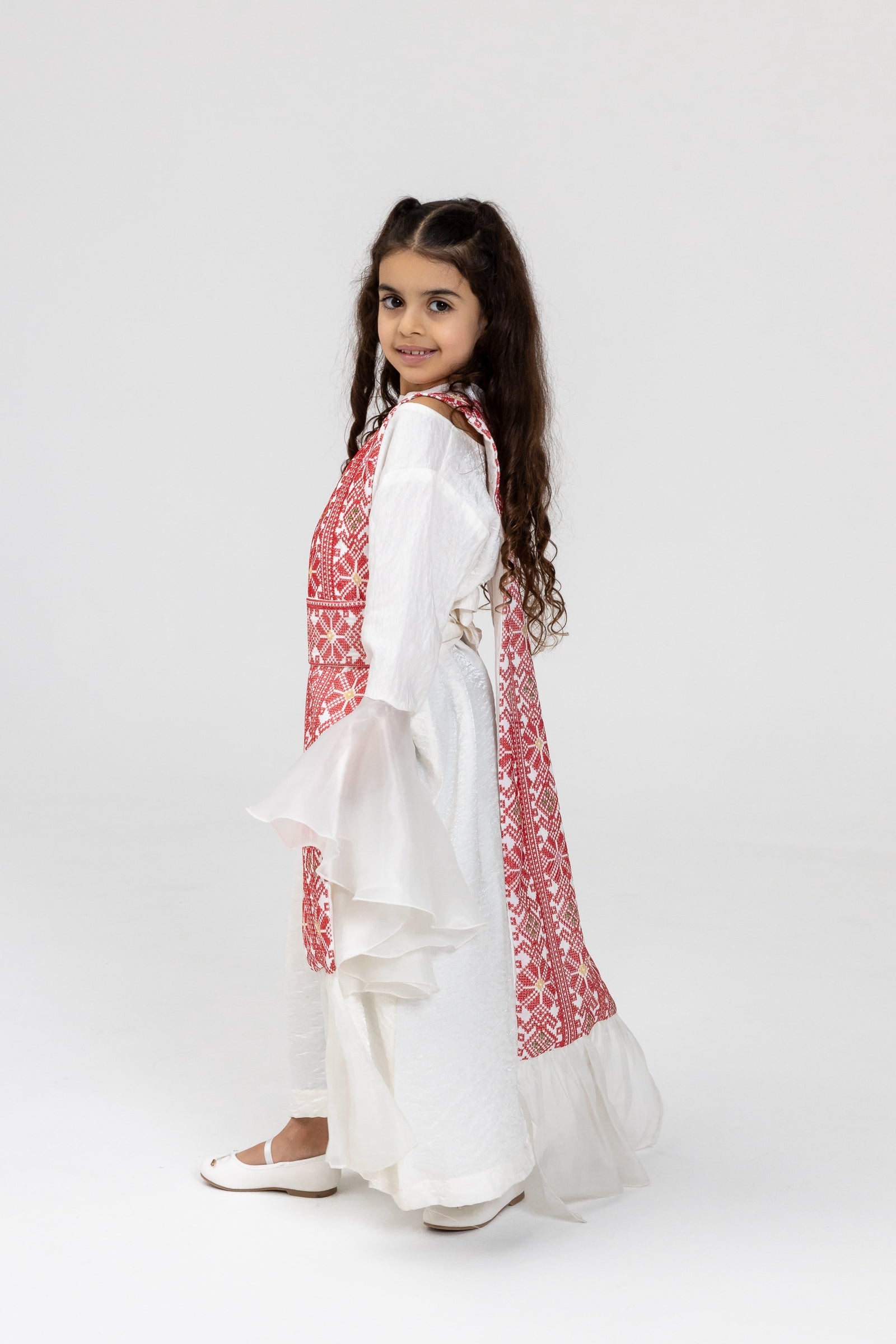 Kids White Dress with Embroidered Overlay