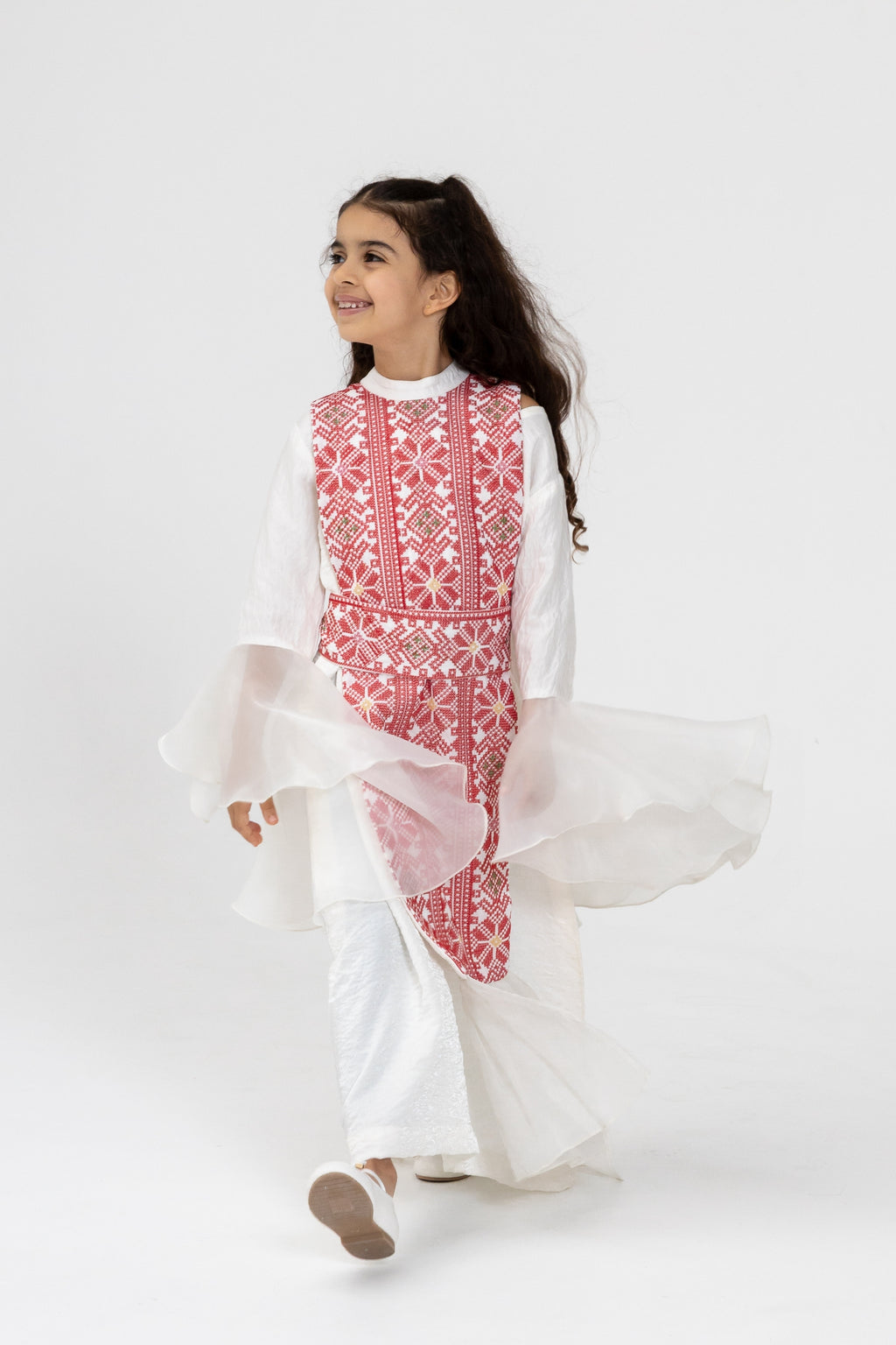 Kids White Dress with Embroidered Overlay