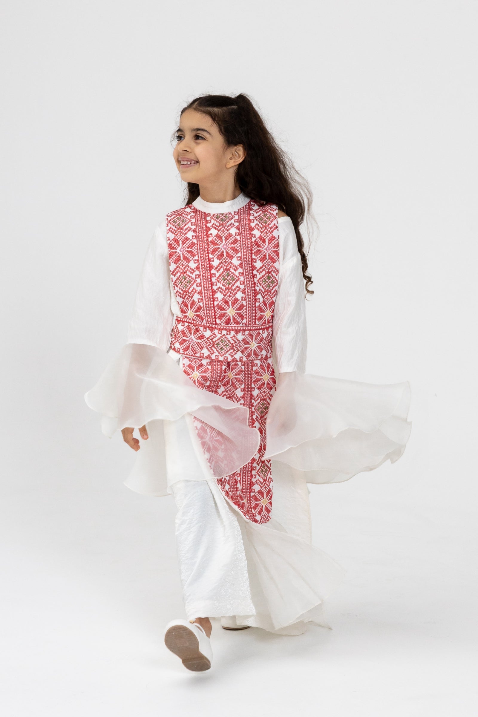 Kids White Dress with Embroidered Overlay