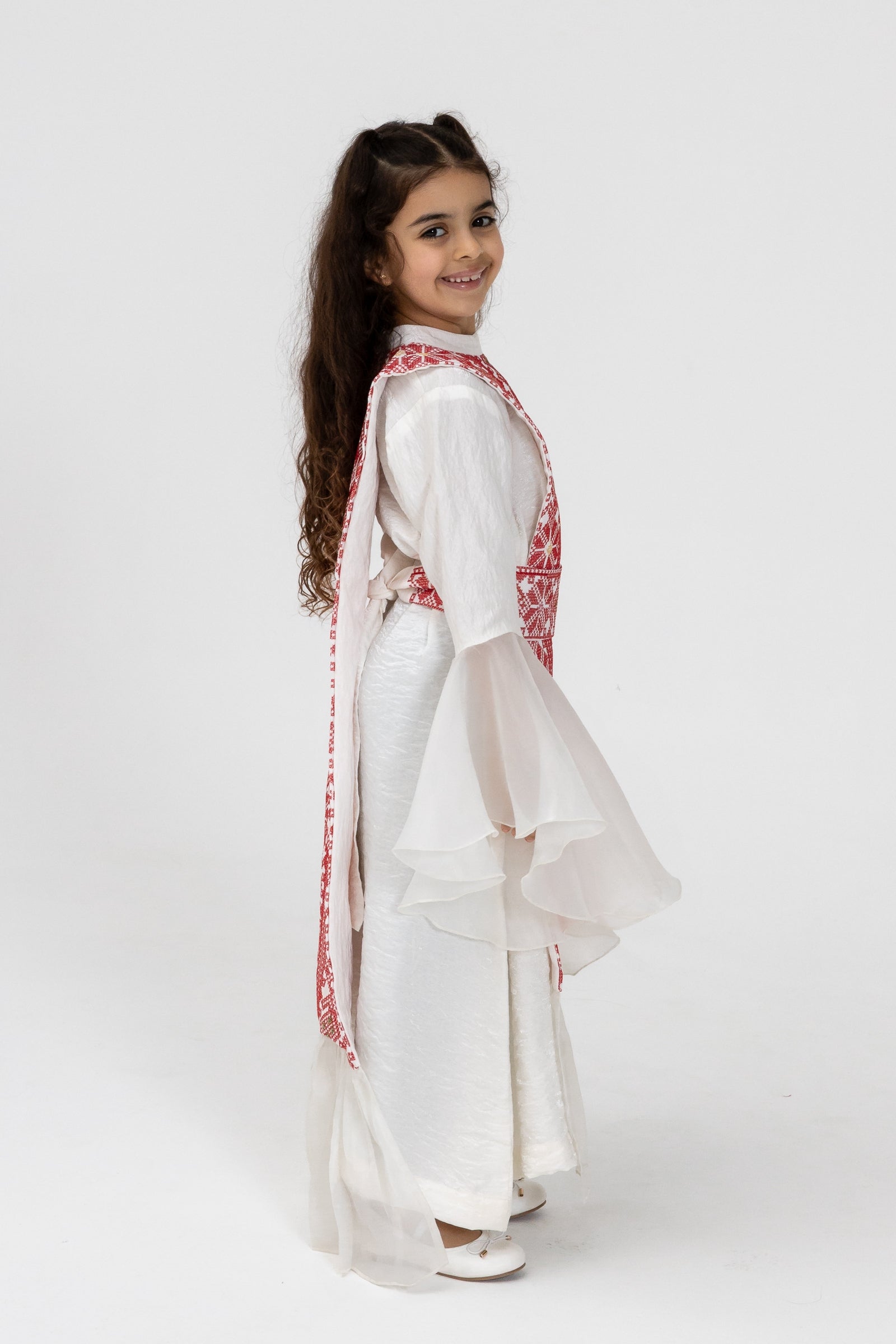 Kids White Dress with Embroidered Overlay