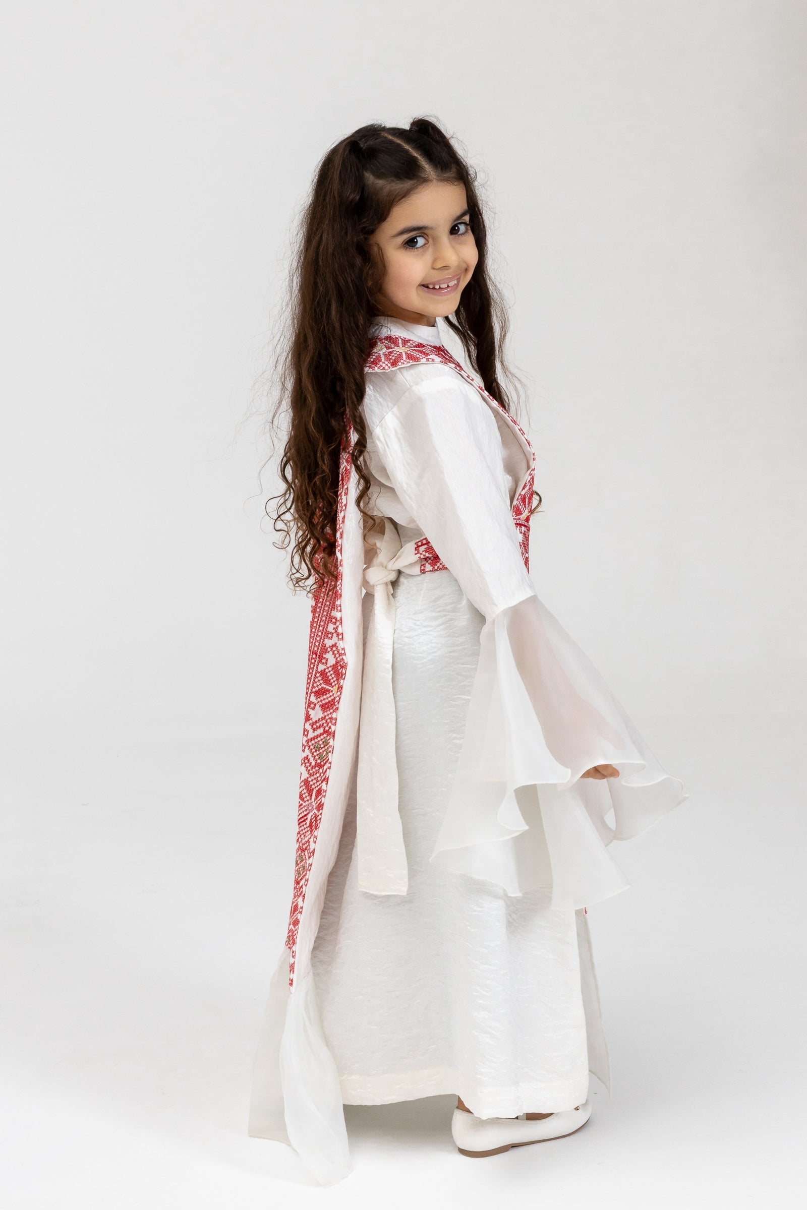 Kids White Dress with Embroidered Overlay
