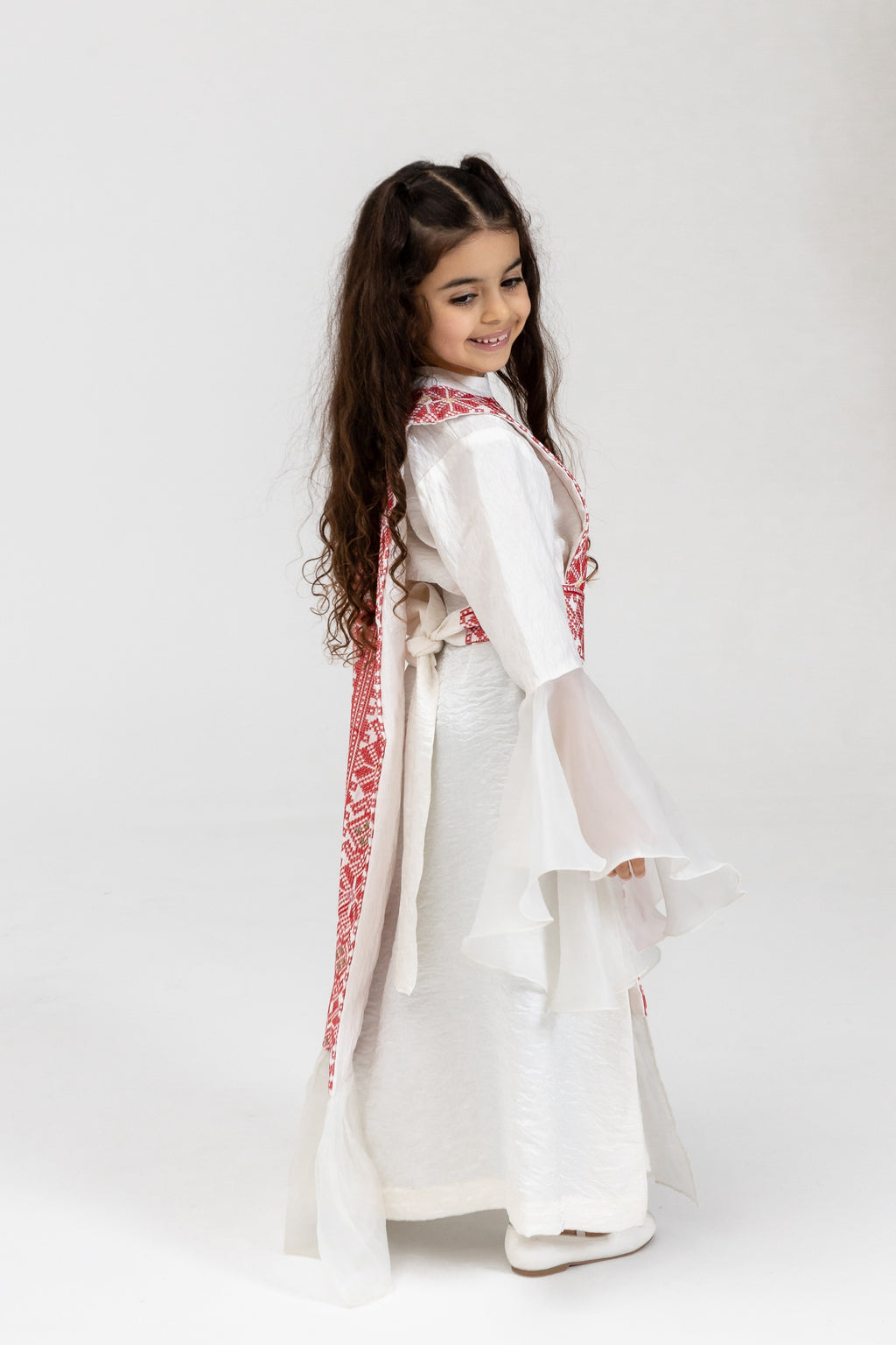 Kids White Dress with Embroidered Overlay