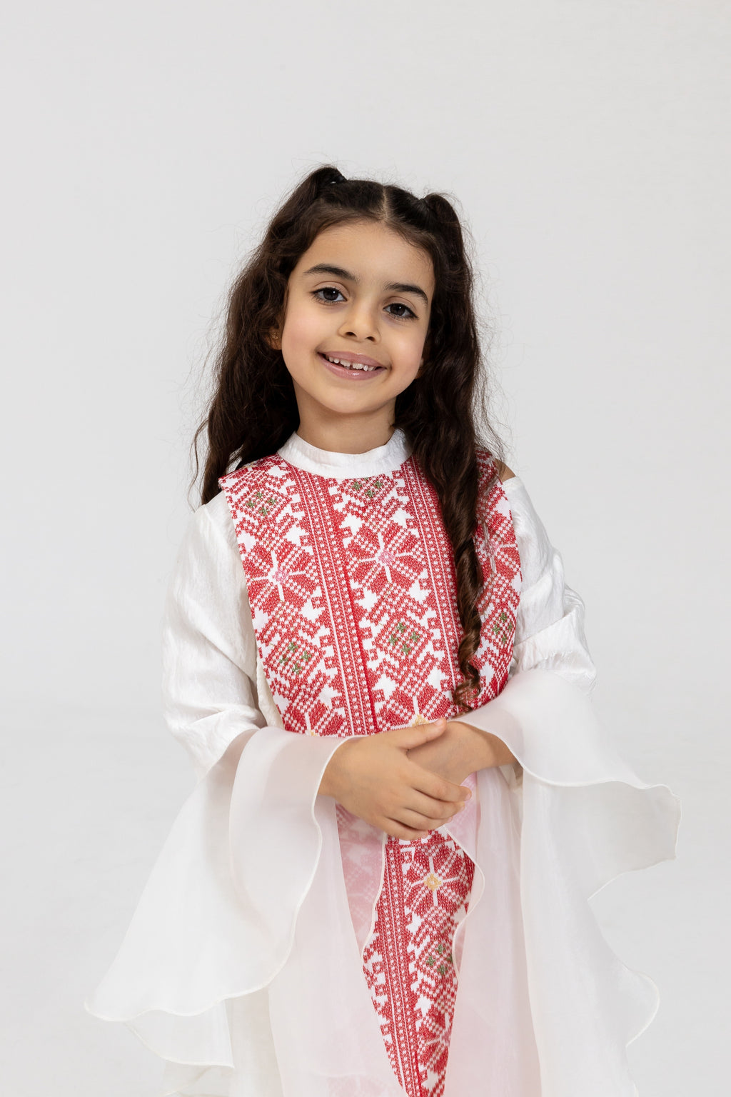 Kids White Dress with Embroidered Overlay