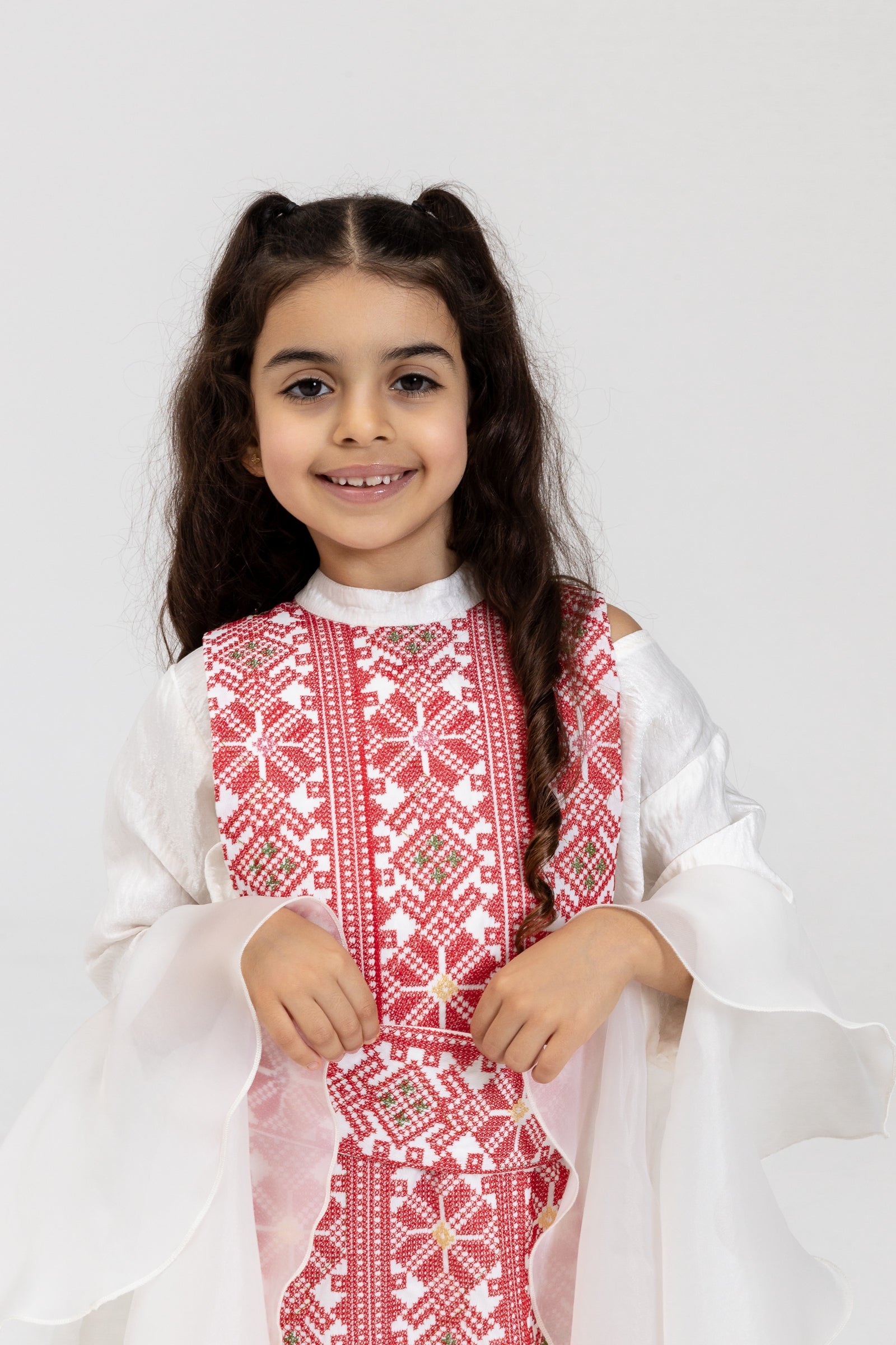 Kids White Dress with Embroidered Overlay