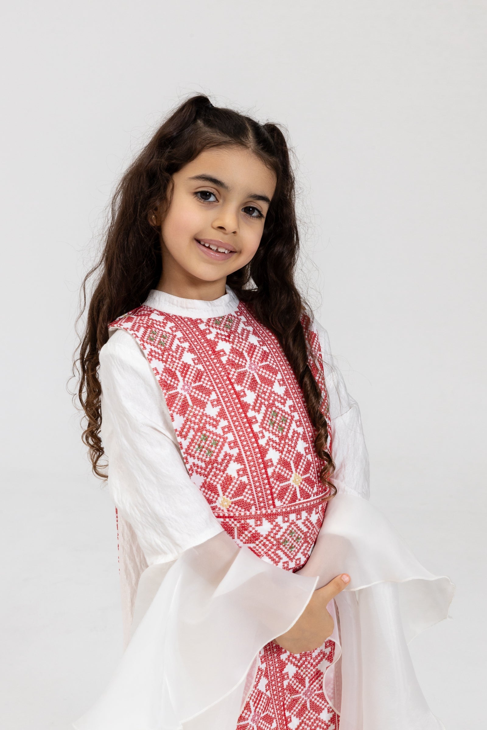 Kids White Dress with Embroidered Overlay