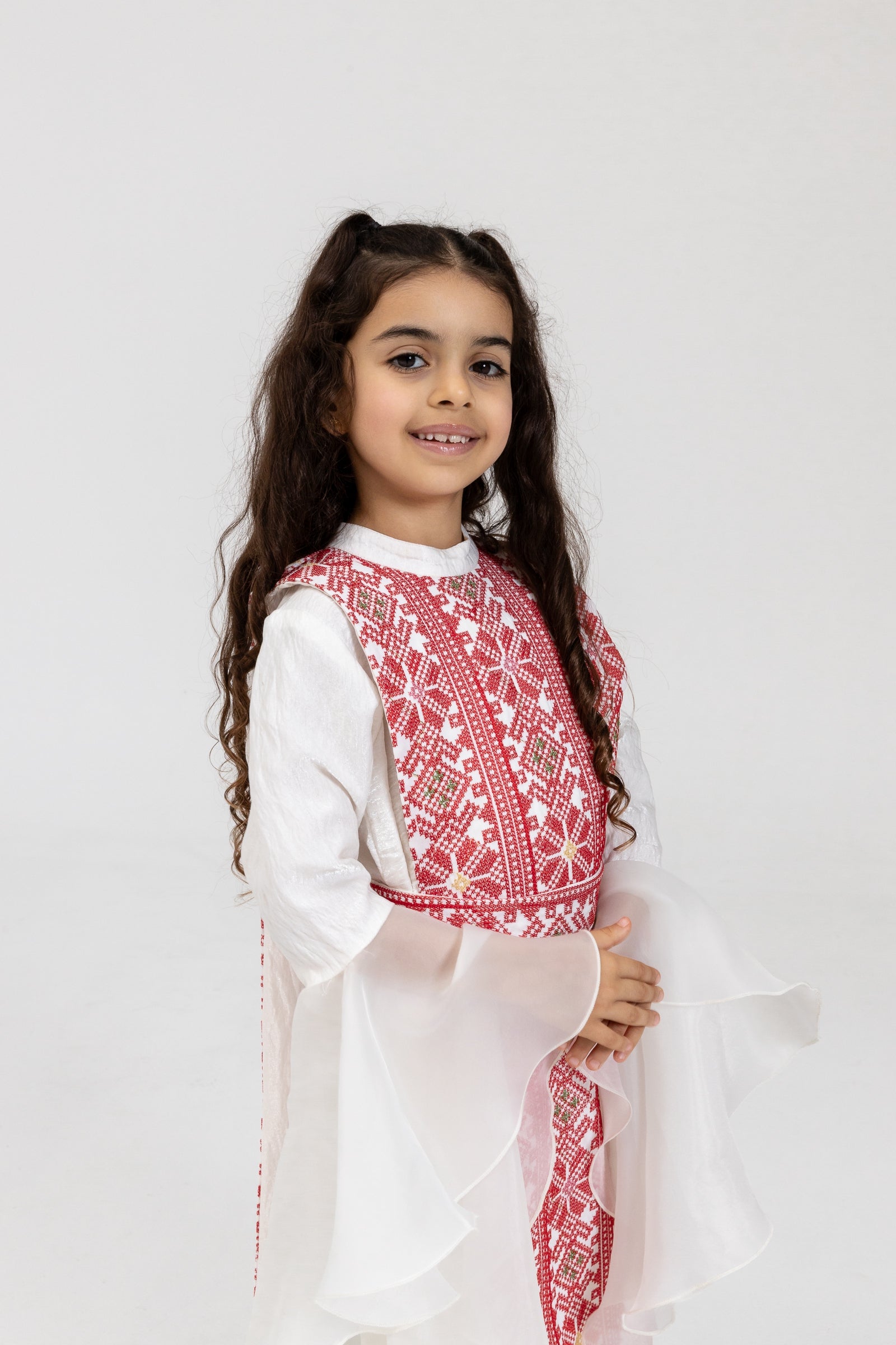 Kids White Dress with Embroidered Overlay