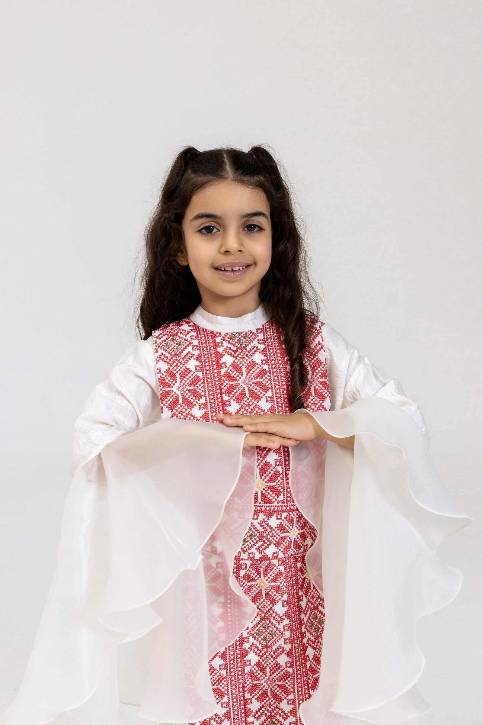 Kids White Dress with Embroidered Overlay