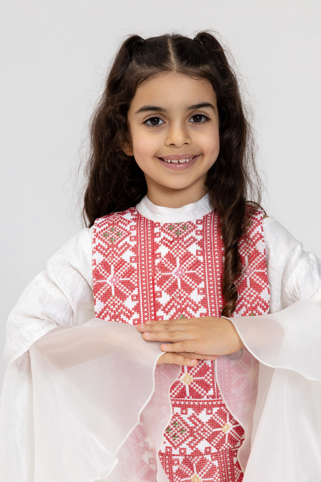 Kids White Dress with Embroidered Overlay