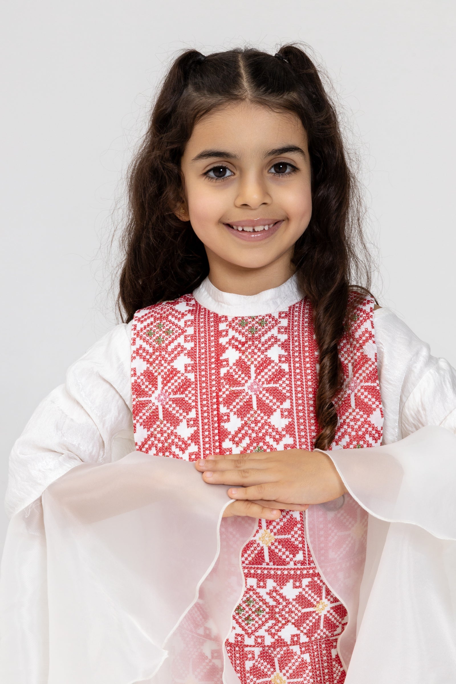 Kids White Dress with Embroidered Overlay