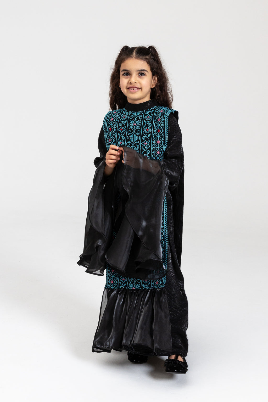 Kids Black Dress with Embroidered Overlay