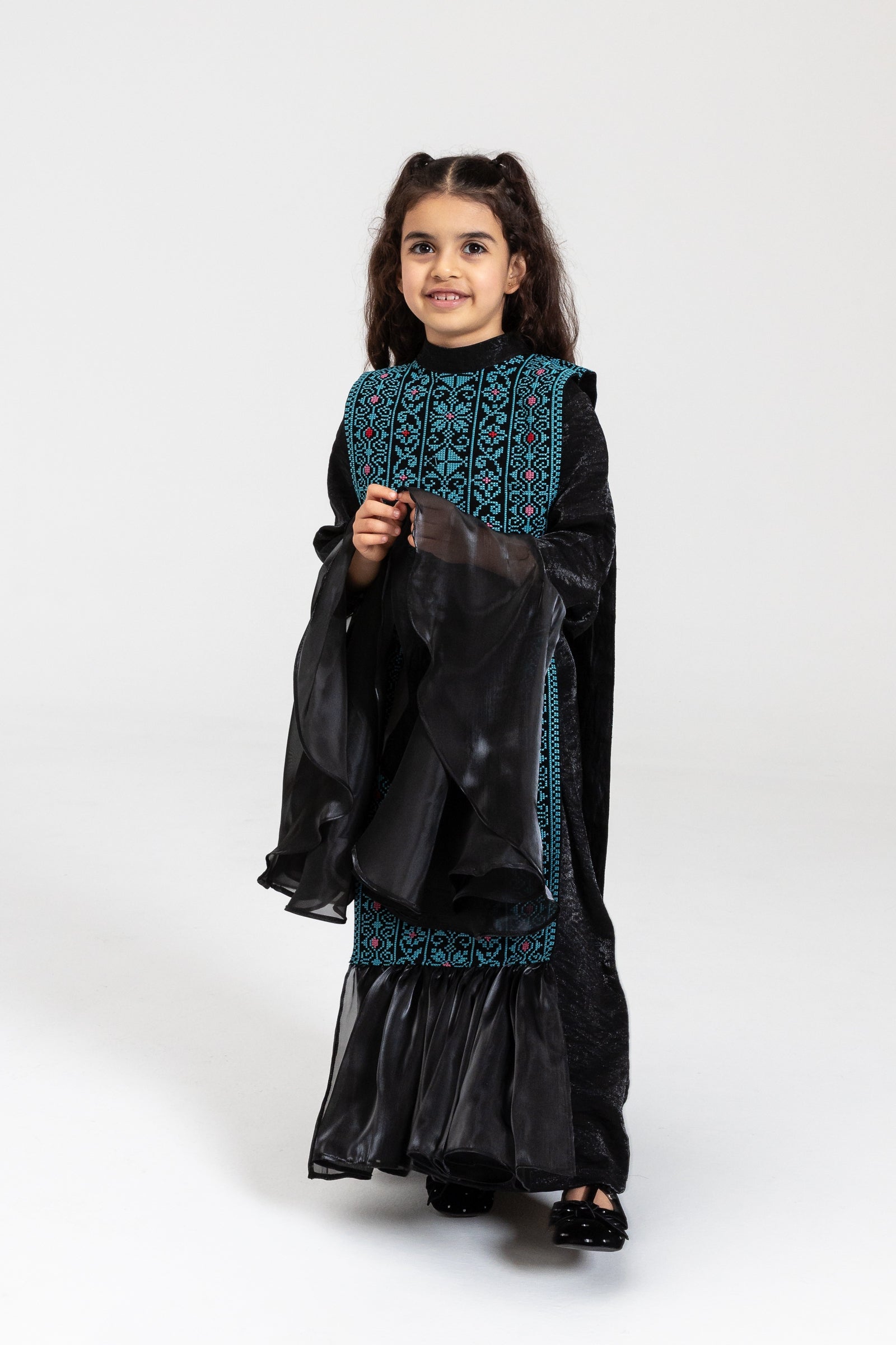 Kids Black Dress with Embroidered Overlay