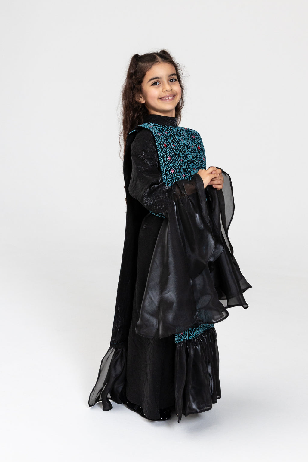 Kids Black Dress with Embroidered Overlay