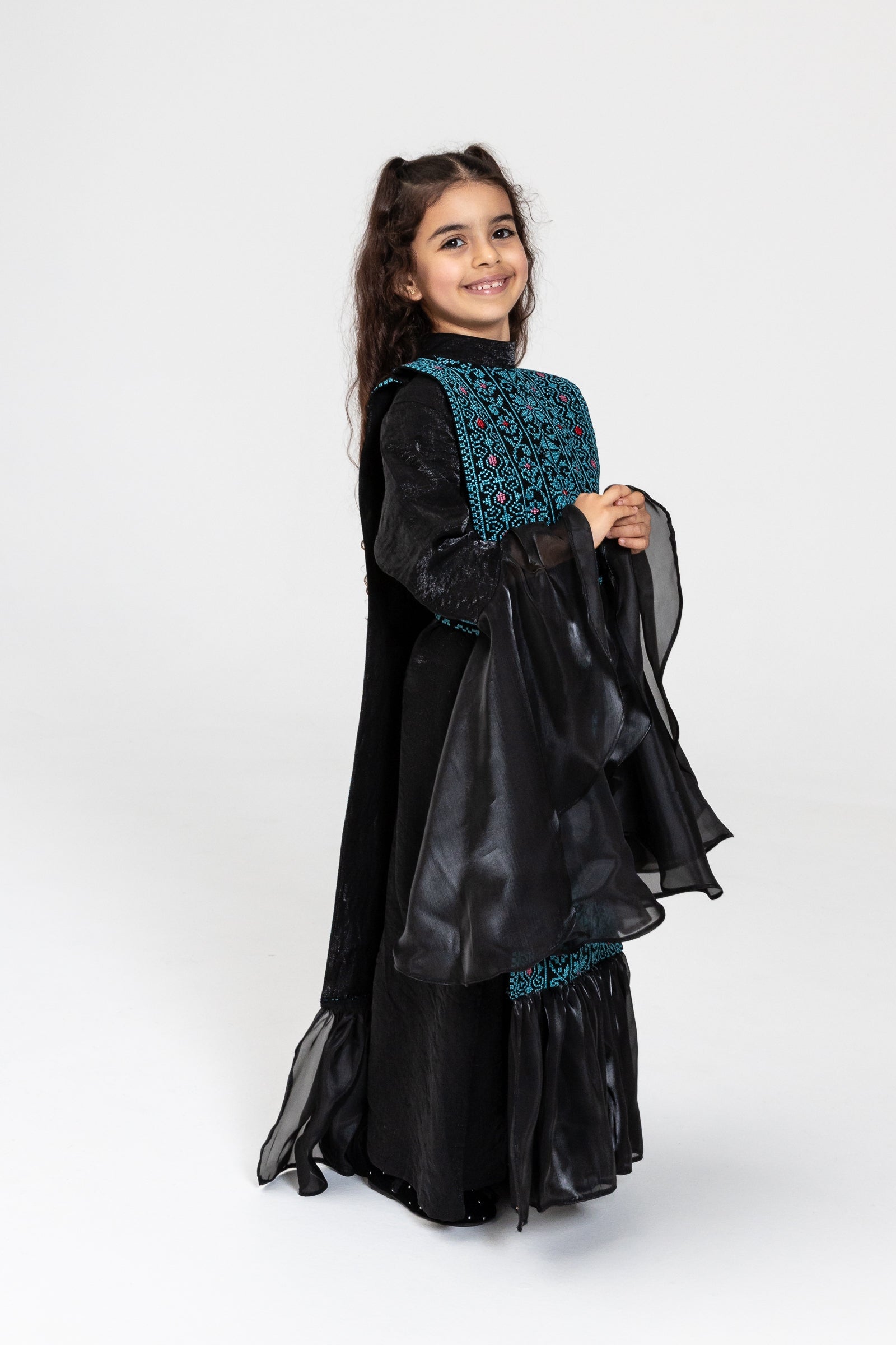 Kids Black Dress with Embroidered Overlay