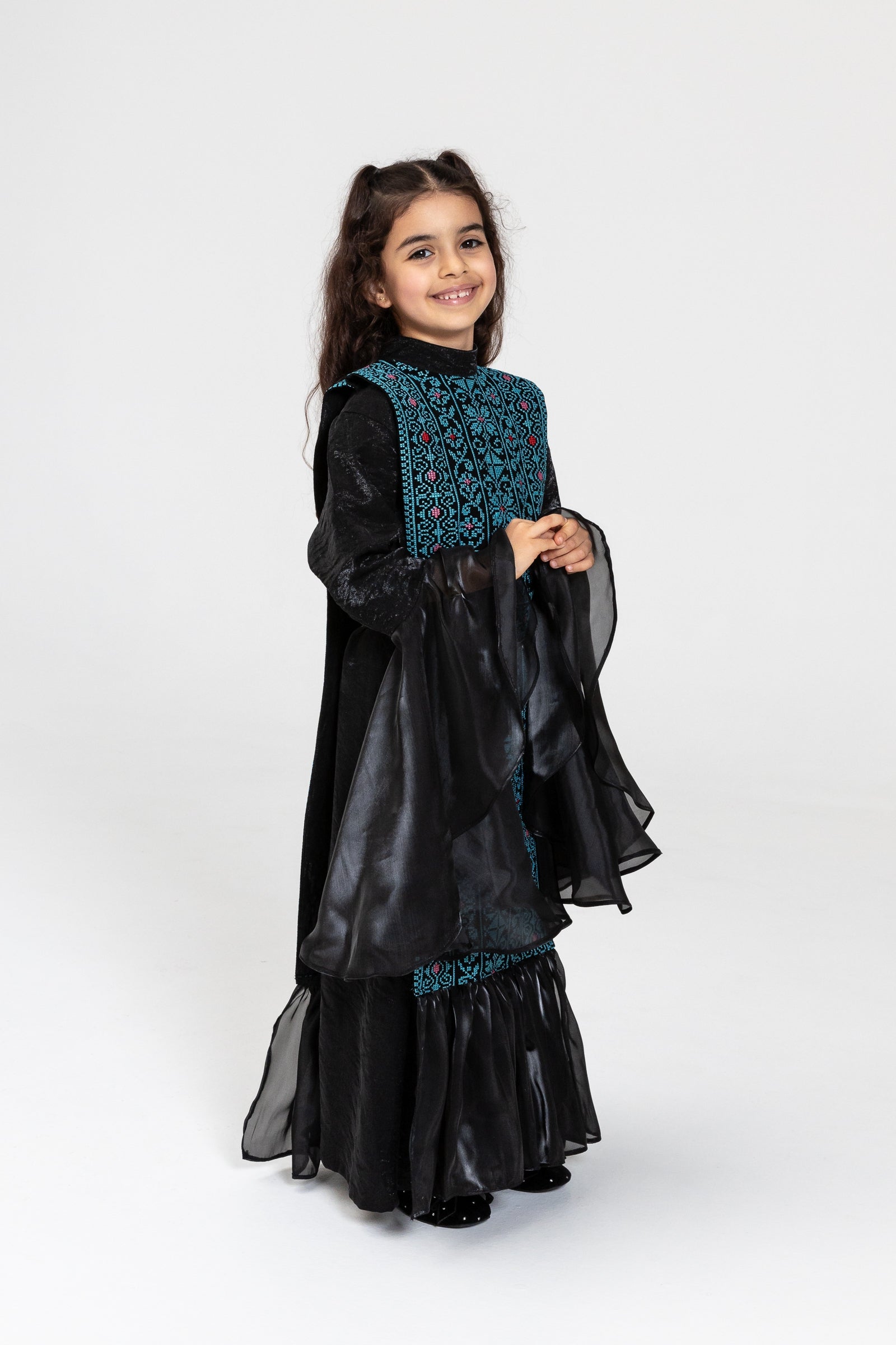 Kids Black Dress with Embroidered Overlay