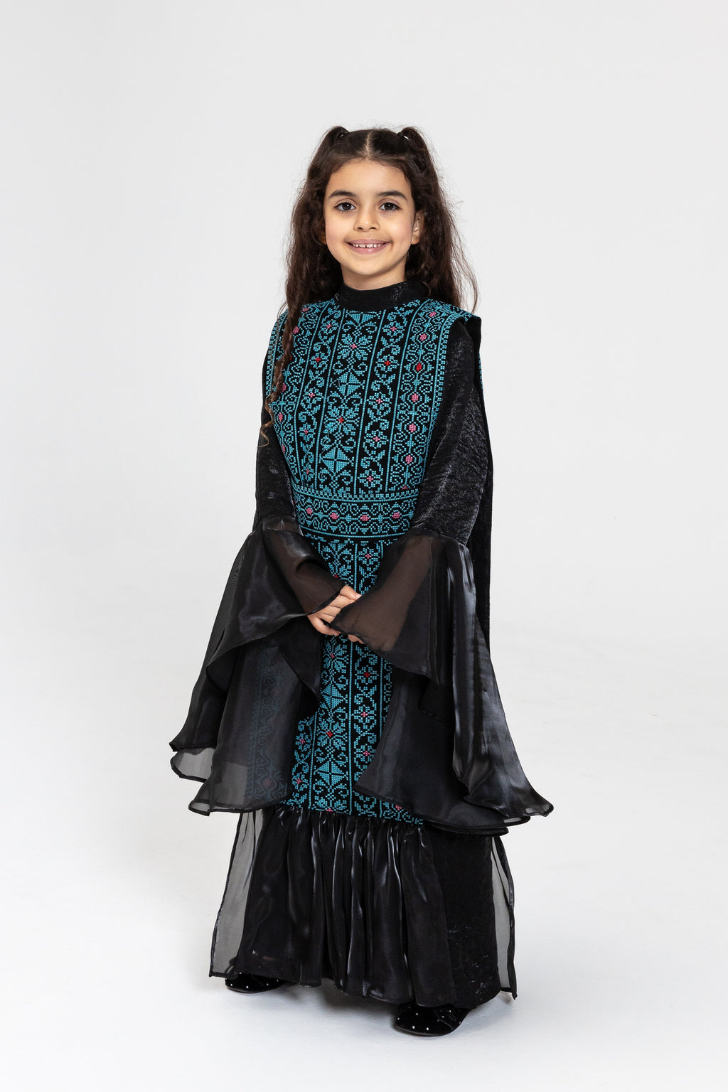 Kids Black Dress with Embroidered Overlay