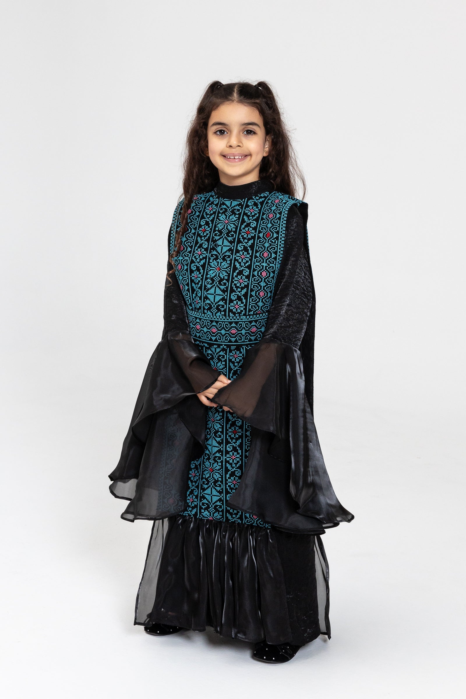 Kids Black Dress with Embroidered Overlay