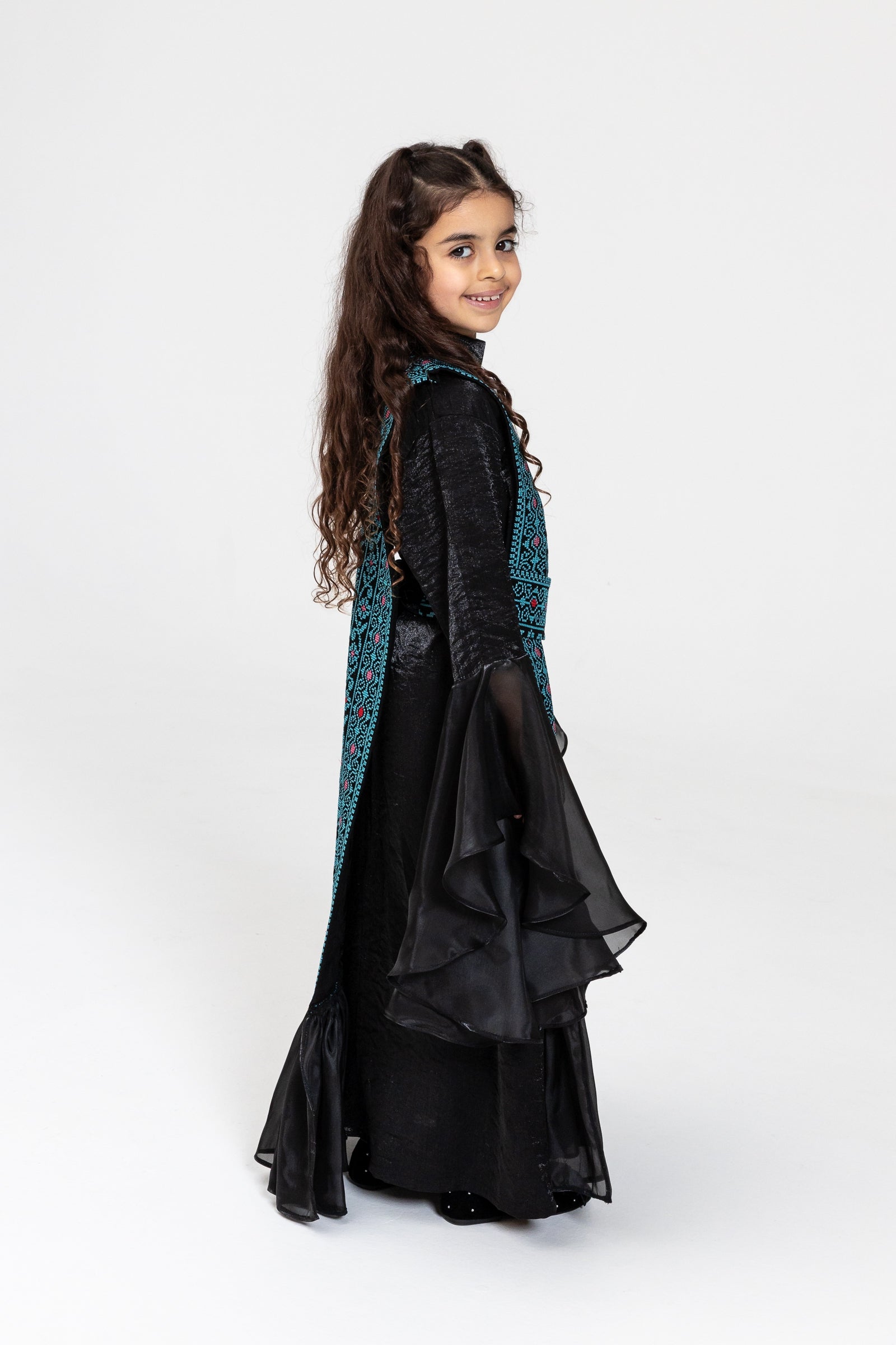 Kids Black Dress with Embroidered Overlay