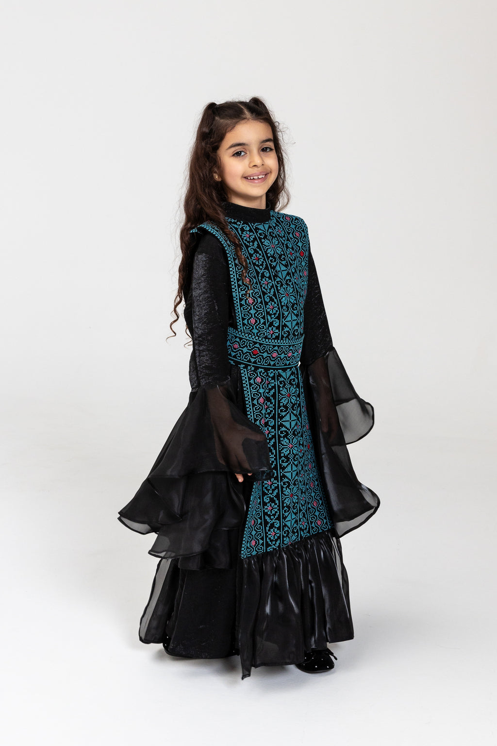 Kids Black Dress with Embroidered Overlay