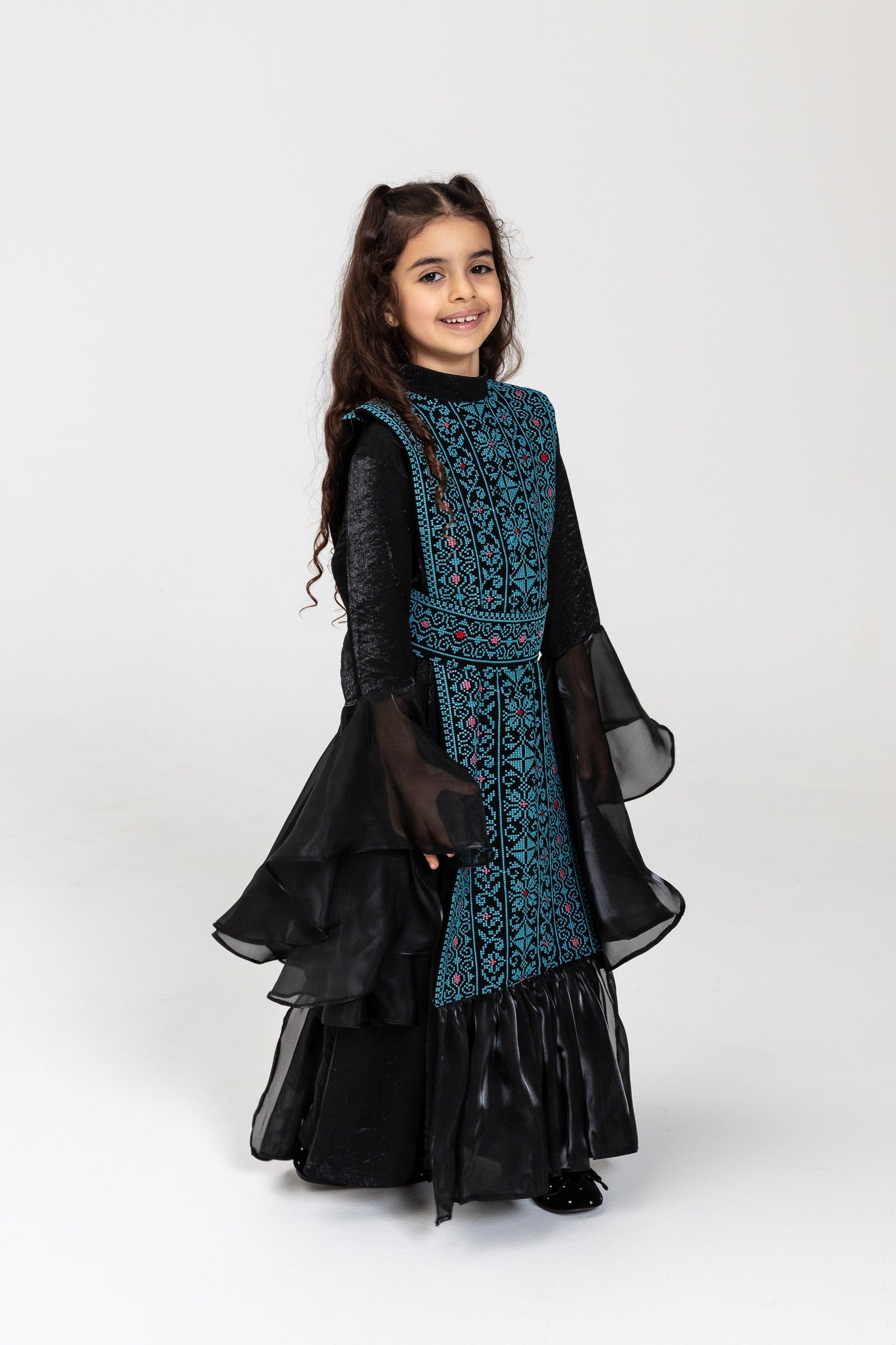 Kids Black Dress with Embroidered Overlay