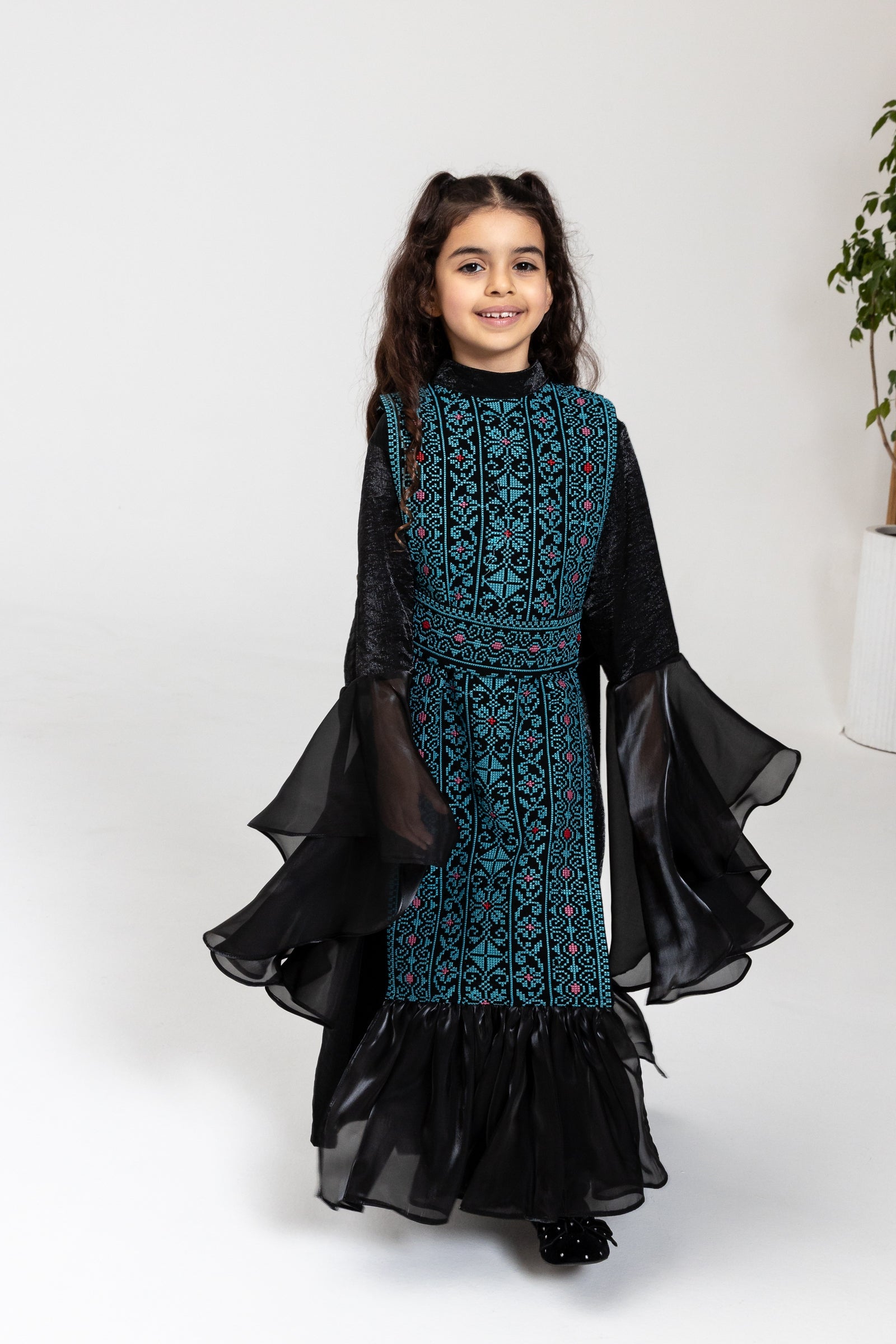 Kids Black Dress with Embroidered Overlay