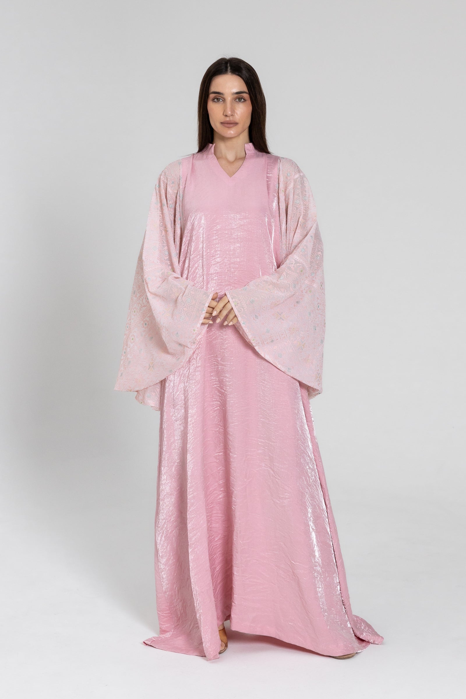 Light Pink Kaftan with Embroidered Sleeves