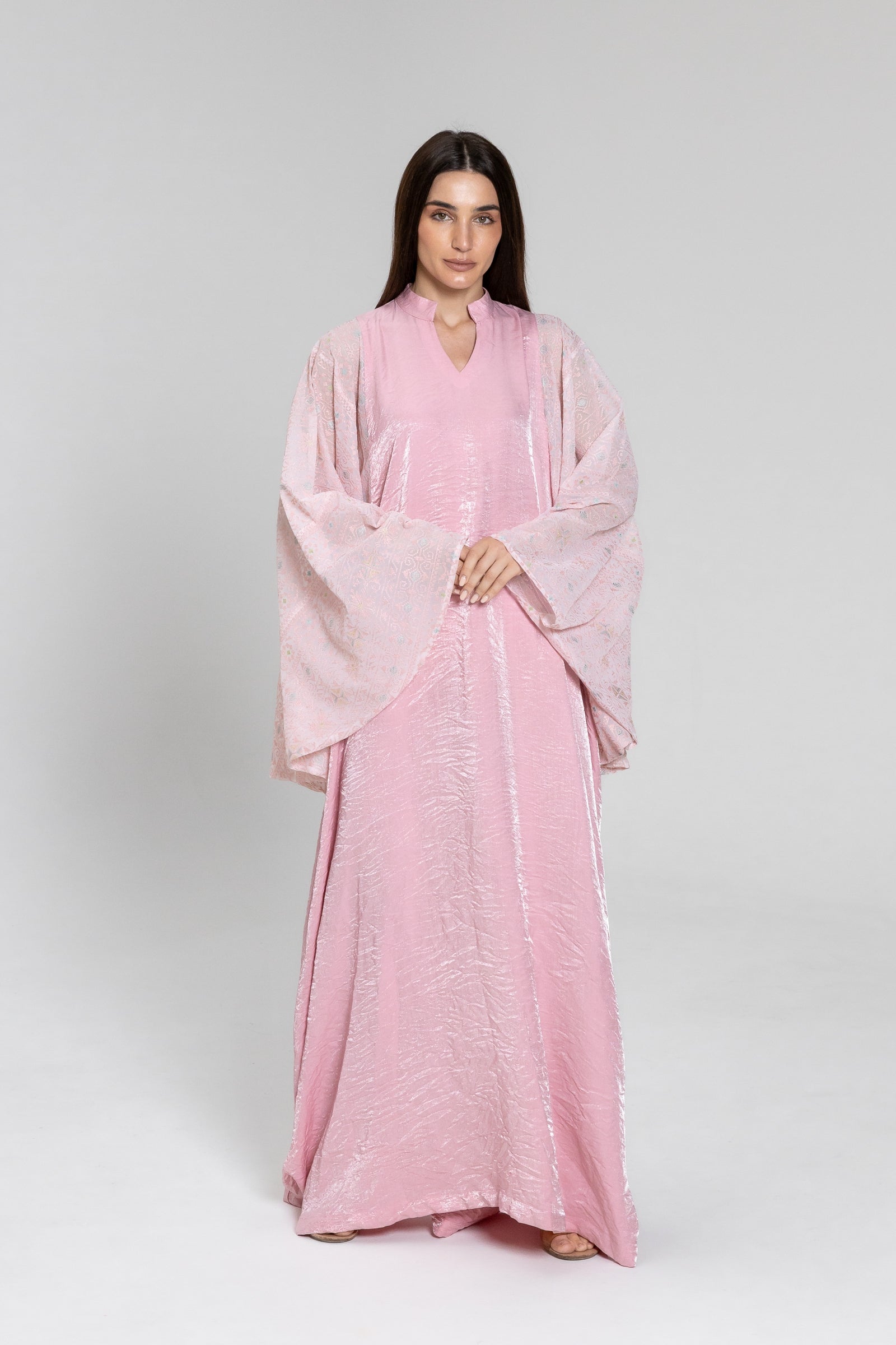Light Pink Kaftan with Embroidered Sleeves