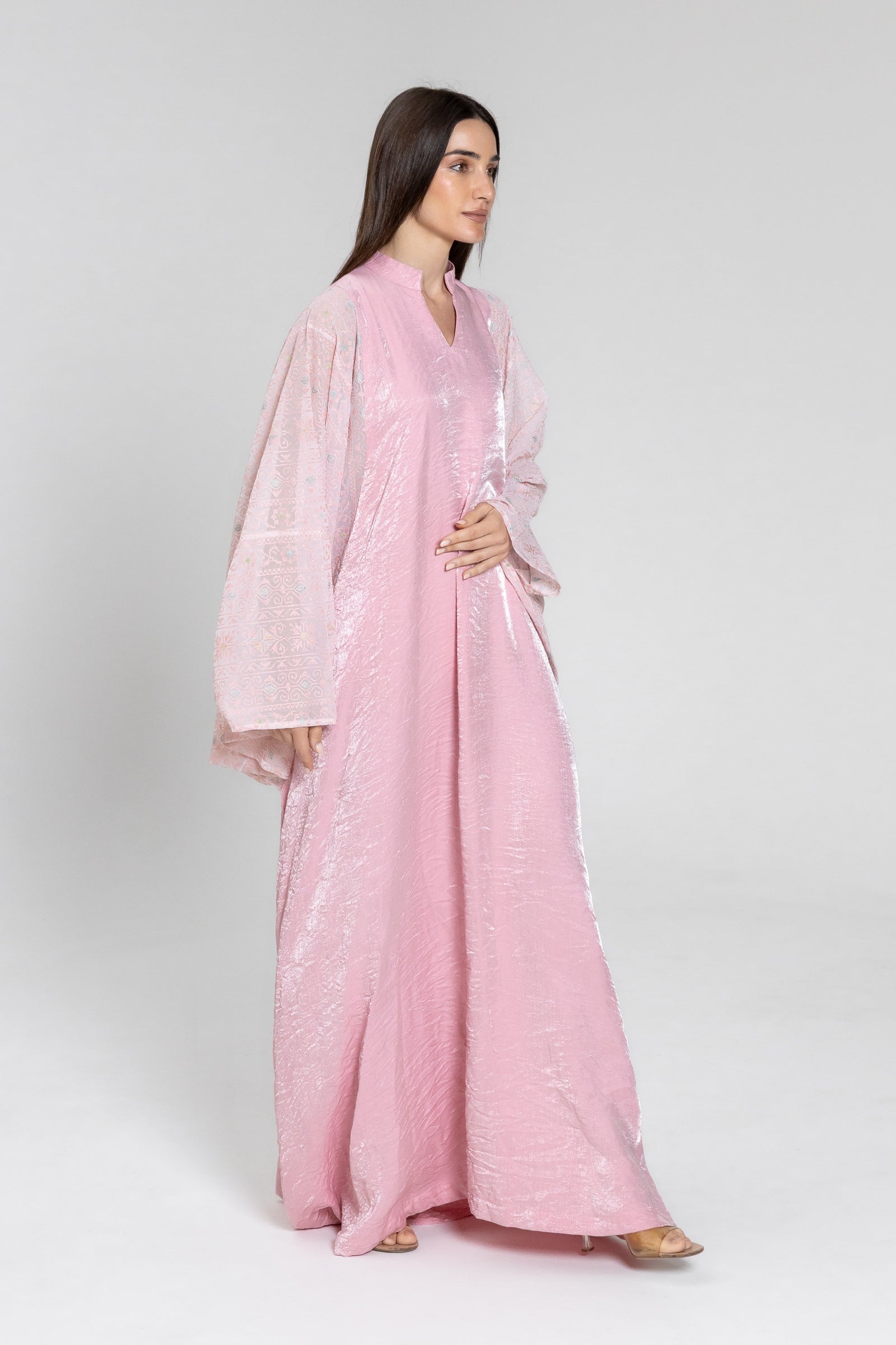 Light Pink Kaftan with Embroidered Sleeves