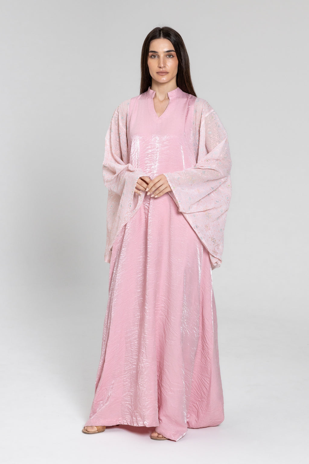 Light Pink Kaftan with Embroidered Sleeves
