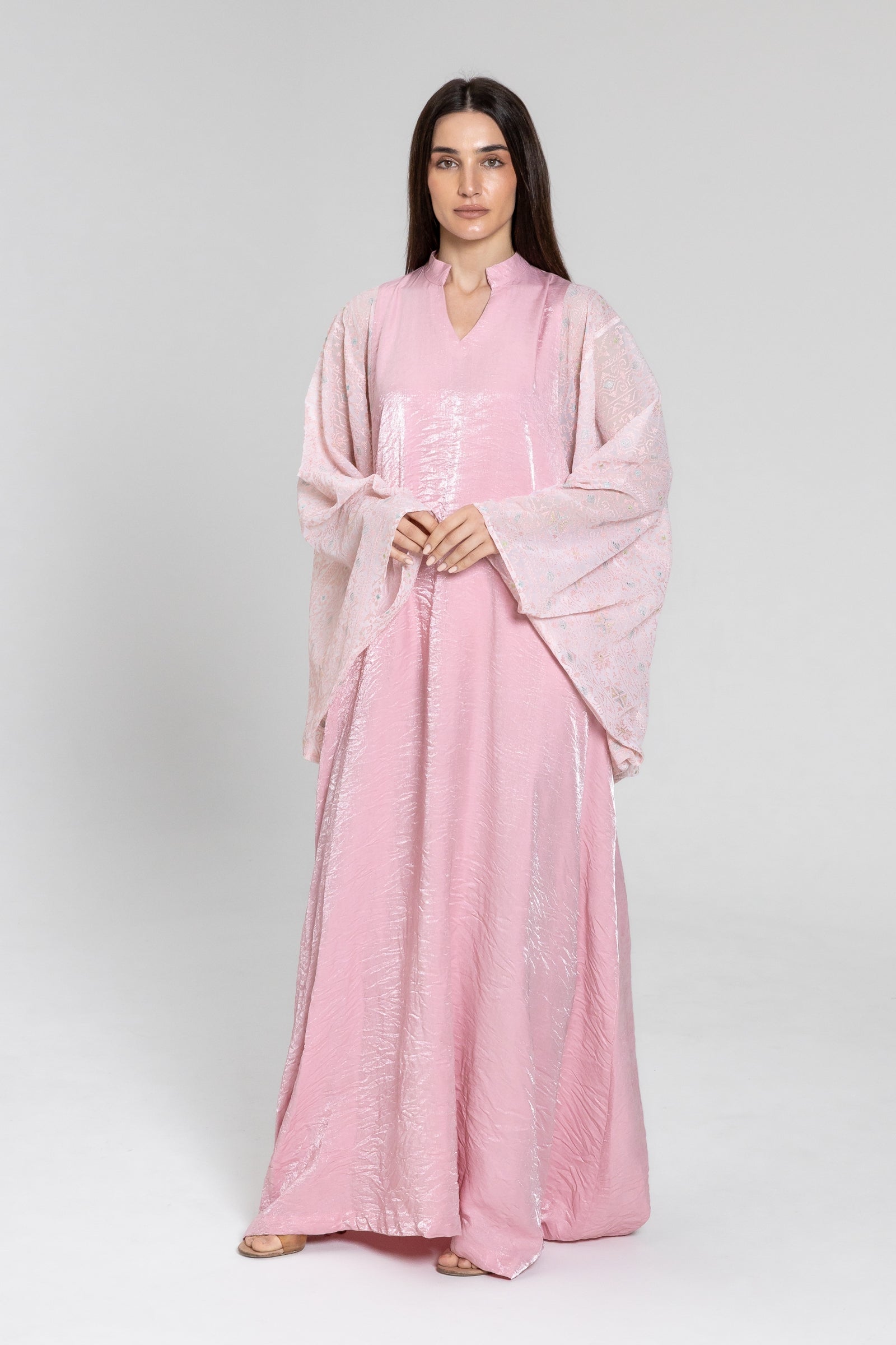 Light Pink Kaftan with Embroidered Sleeves