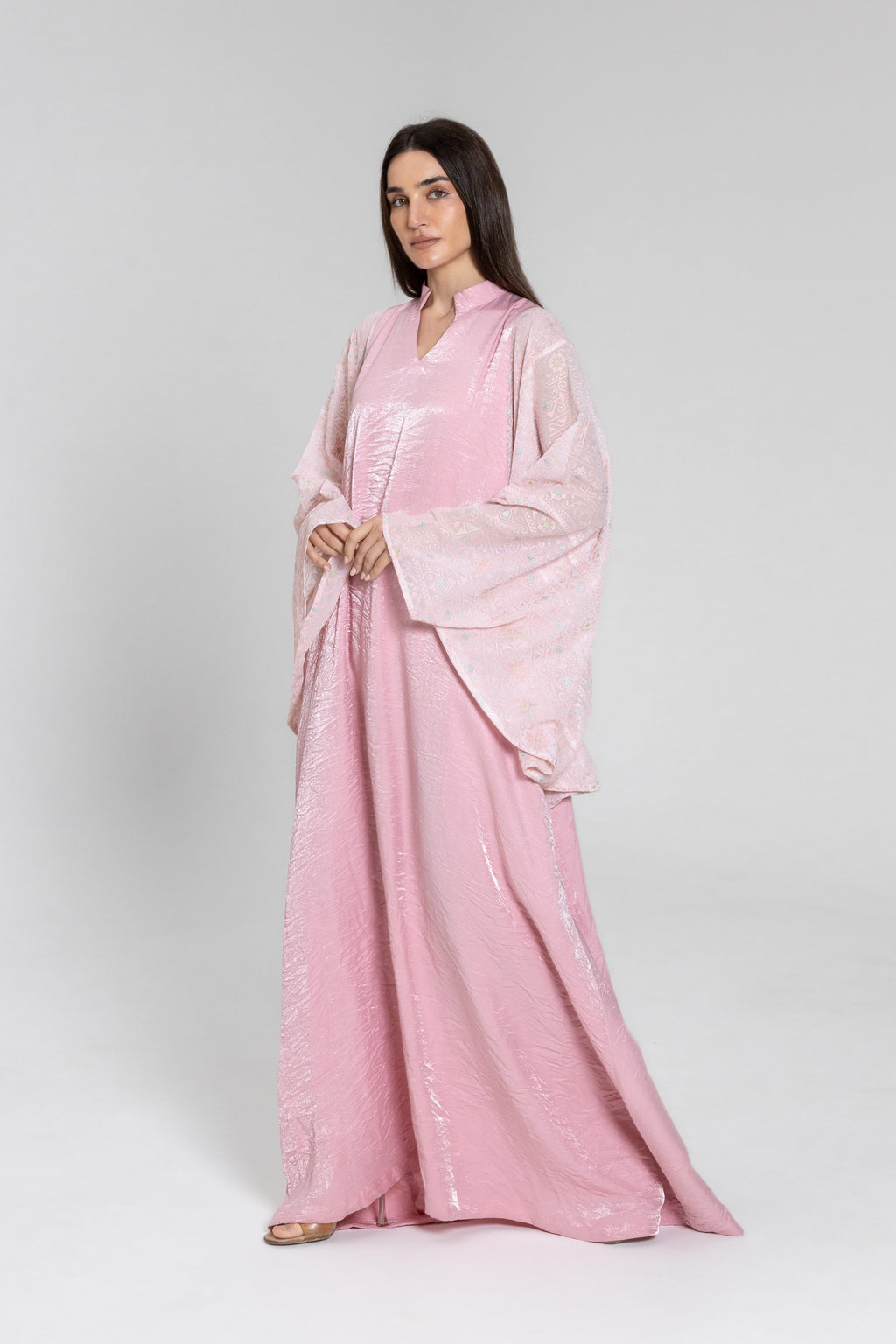 Light Pink Kaftan with Embroidered Sleeves